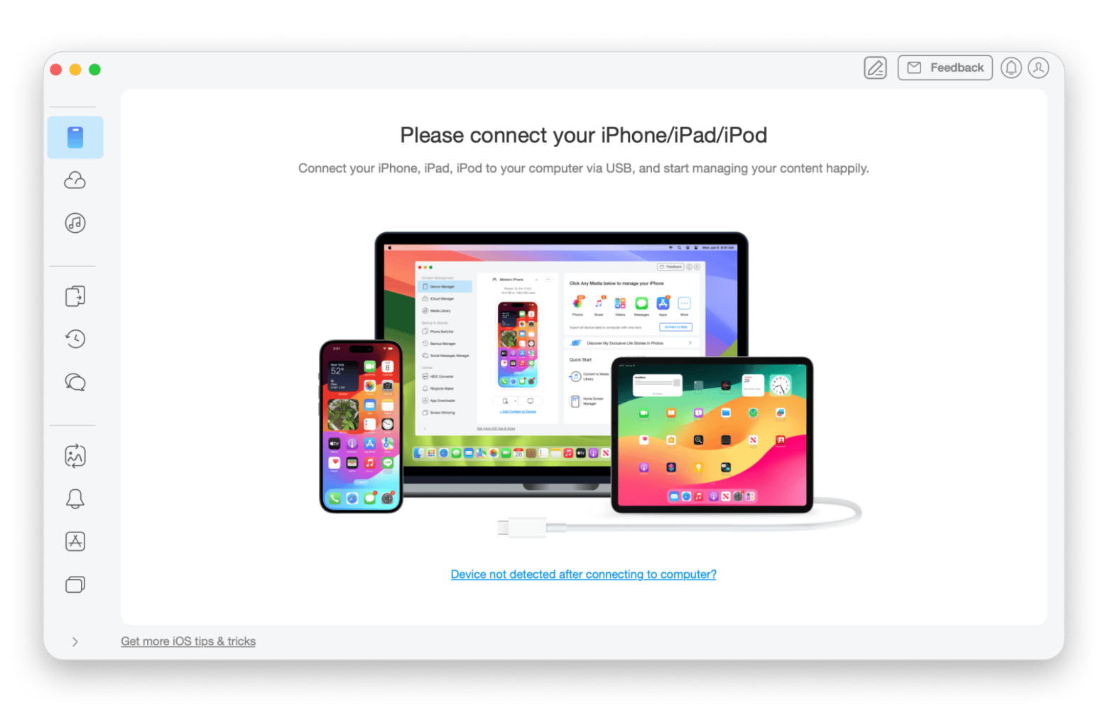 AnyTrans for iOS interface prompting to connect iPhone, iPad, or iPod for file syncing, an iOS device manager available on Setapp