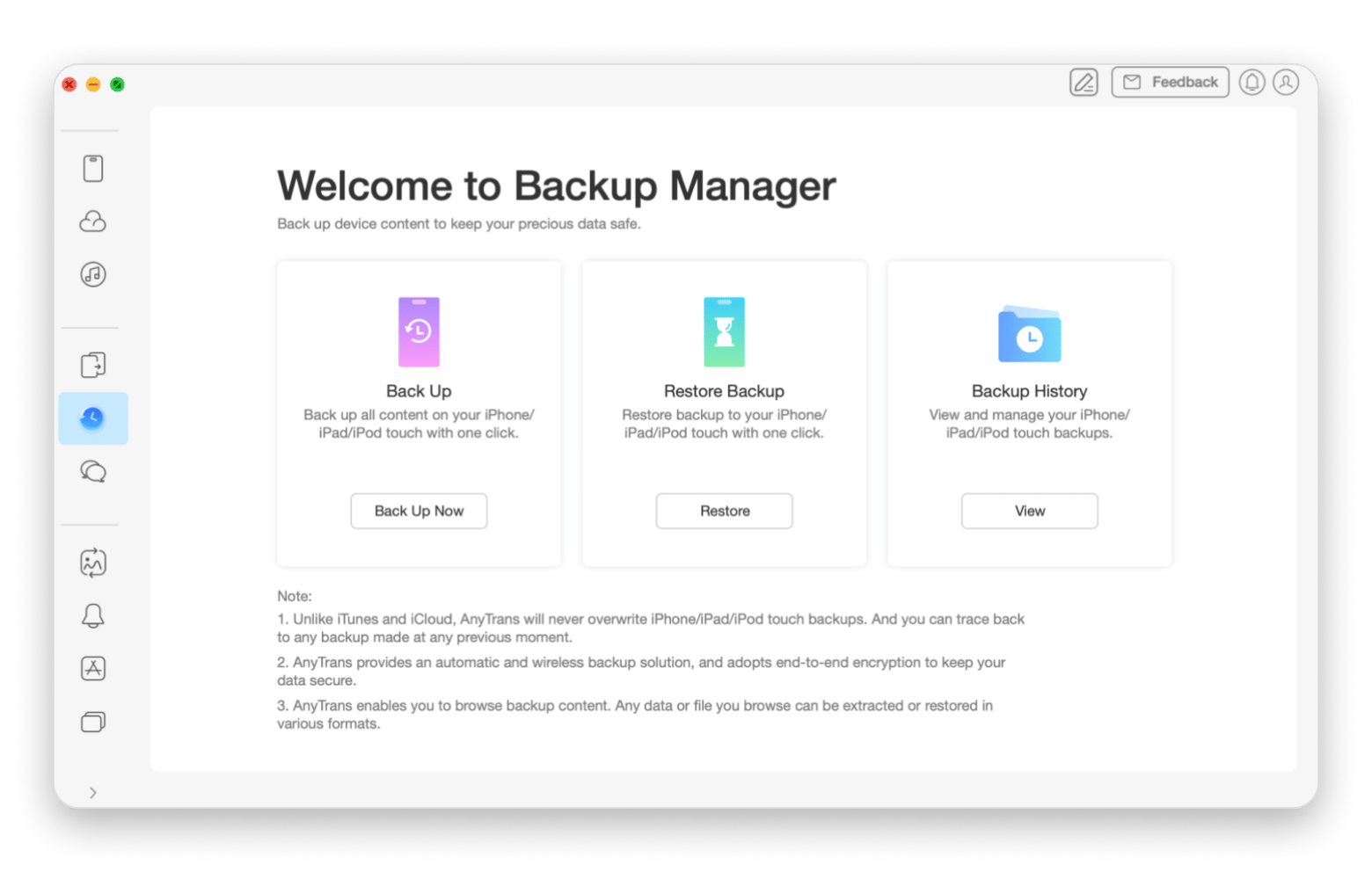 Interfaz de AnyTrans for iOS con el Gestor de copias de seguridad mostrando las categorías del iPad, disponible en Setapp Interfaz de AnyTrans for iOS con el Gestor de copias de seguridad mostrando las categorías del iPad, disponible en Setapp