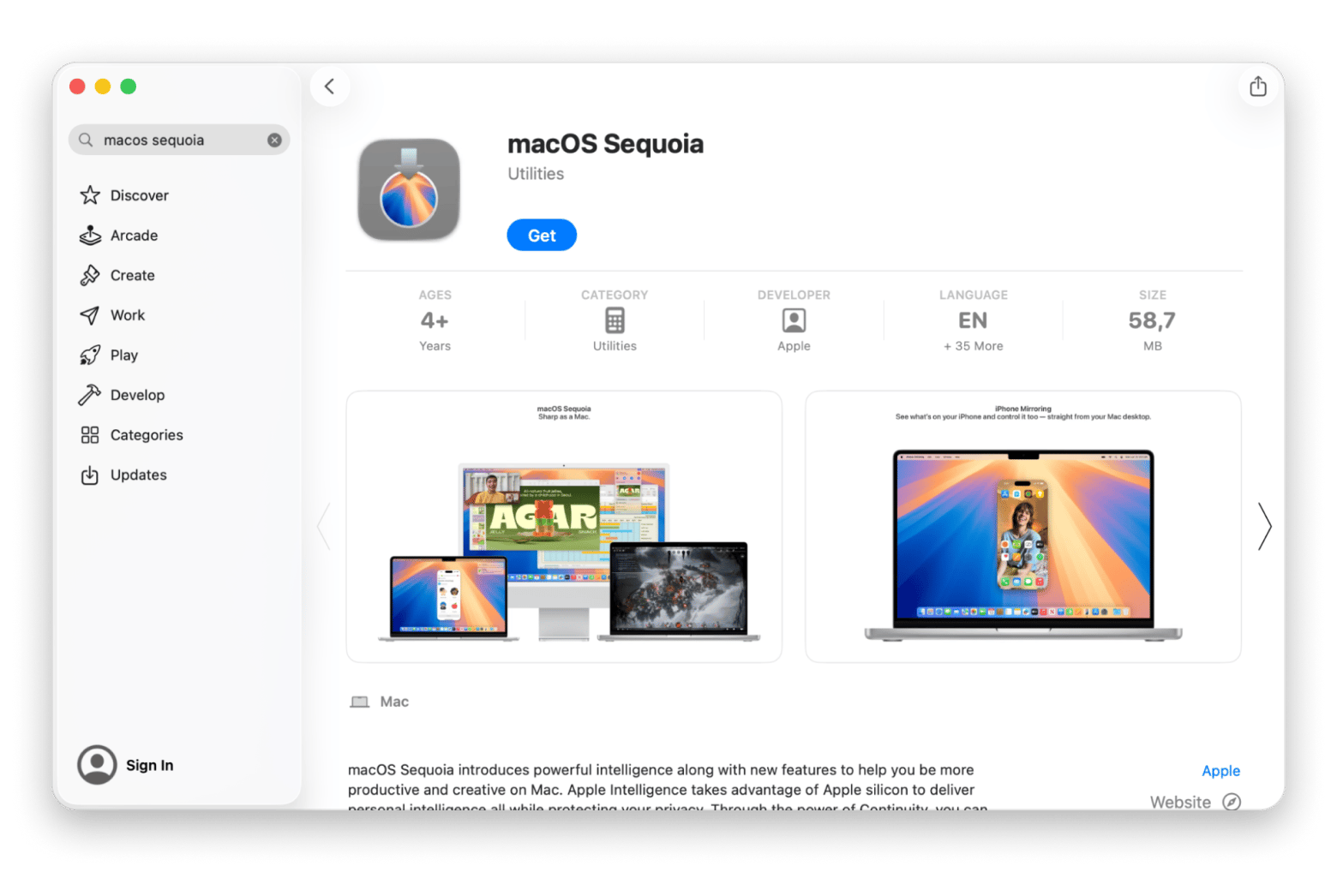 App Store MacOS Seuqoia installation