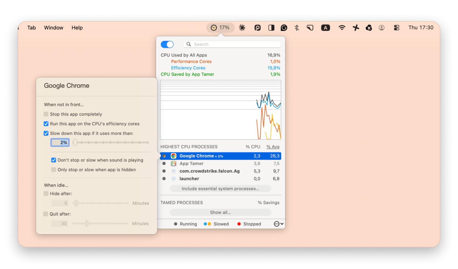 Setting a CPU usage limit for an app in App Tamer, a performance tool available on Setapp
