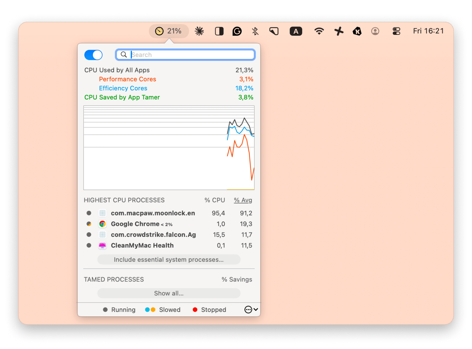 The interface of App Tamer, a CPU usage monitoring app available on Setapp