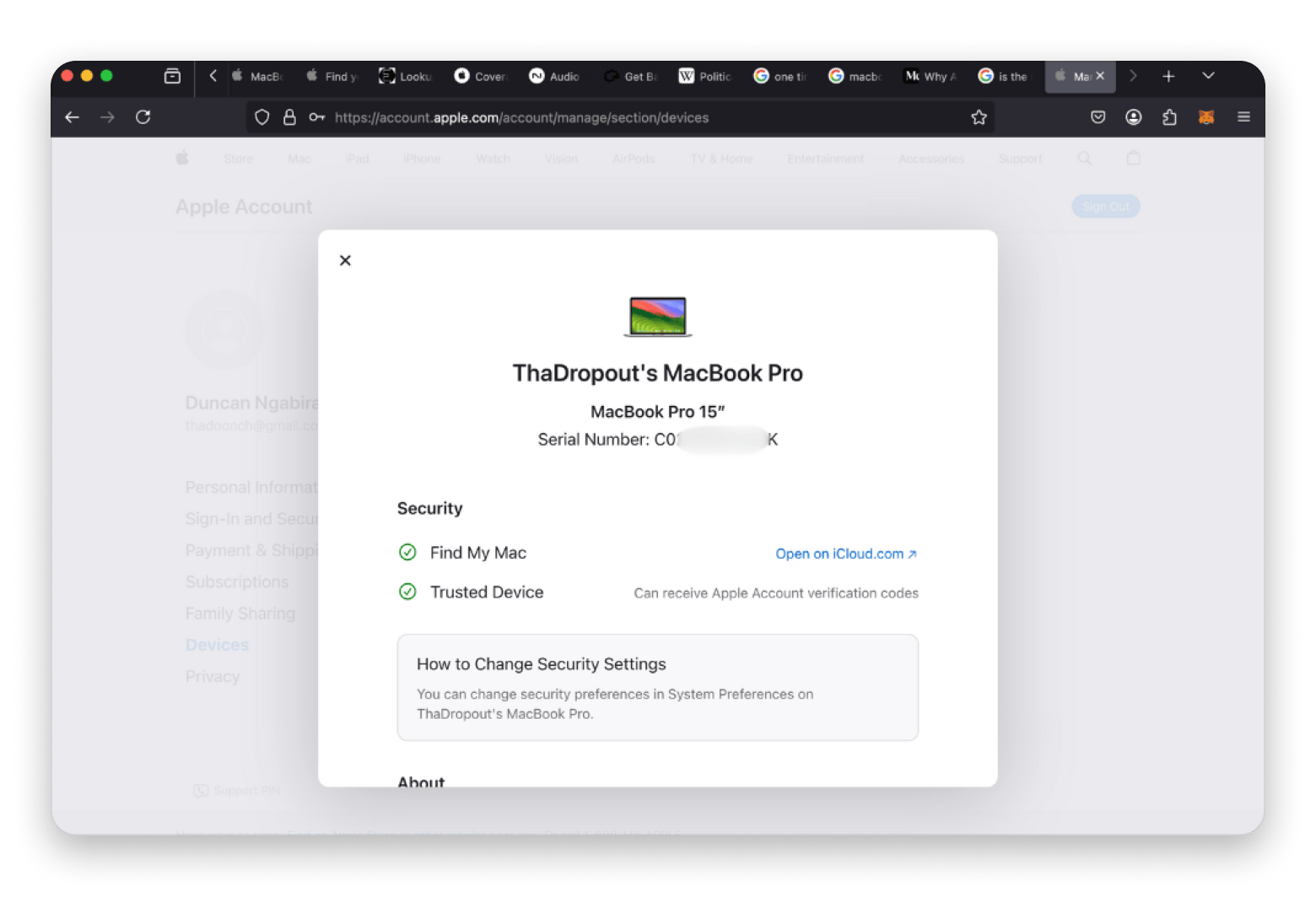 Apple account window