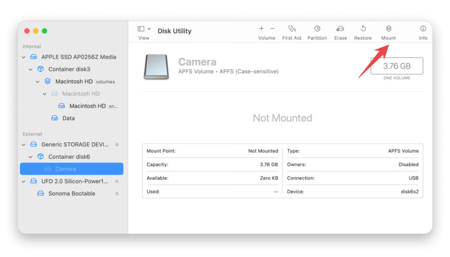 mount external drive manually with Apple disk utility 