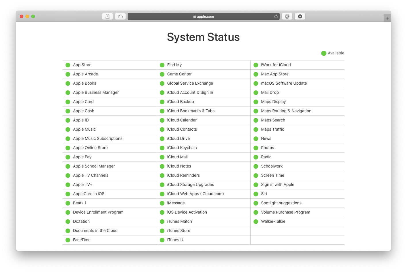 Apple server status system iCloud Mac