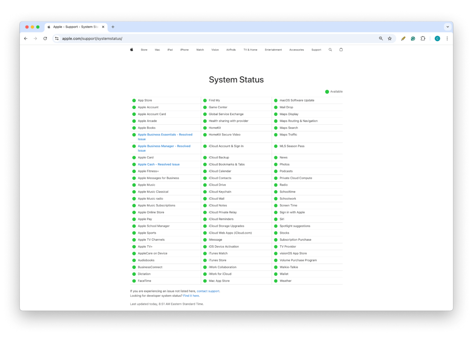 Apple System Status page