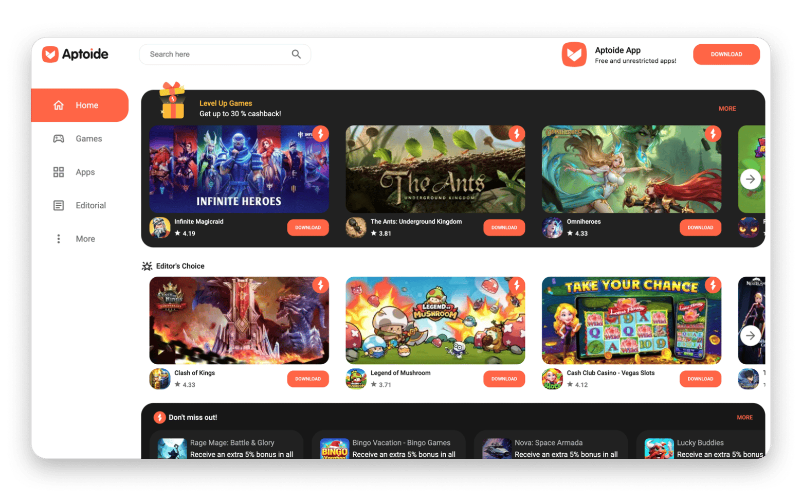 The home page of Aptoide, an alternative mobile app store