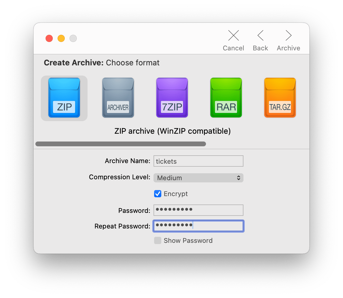 archiver setting password on zip file