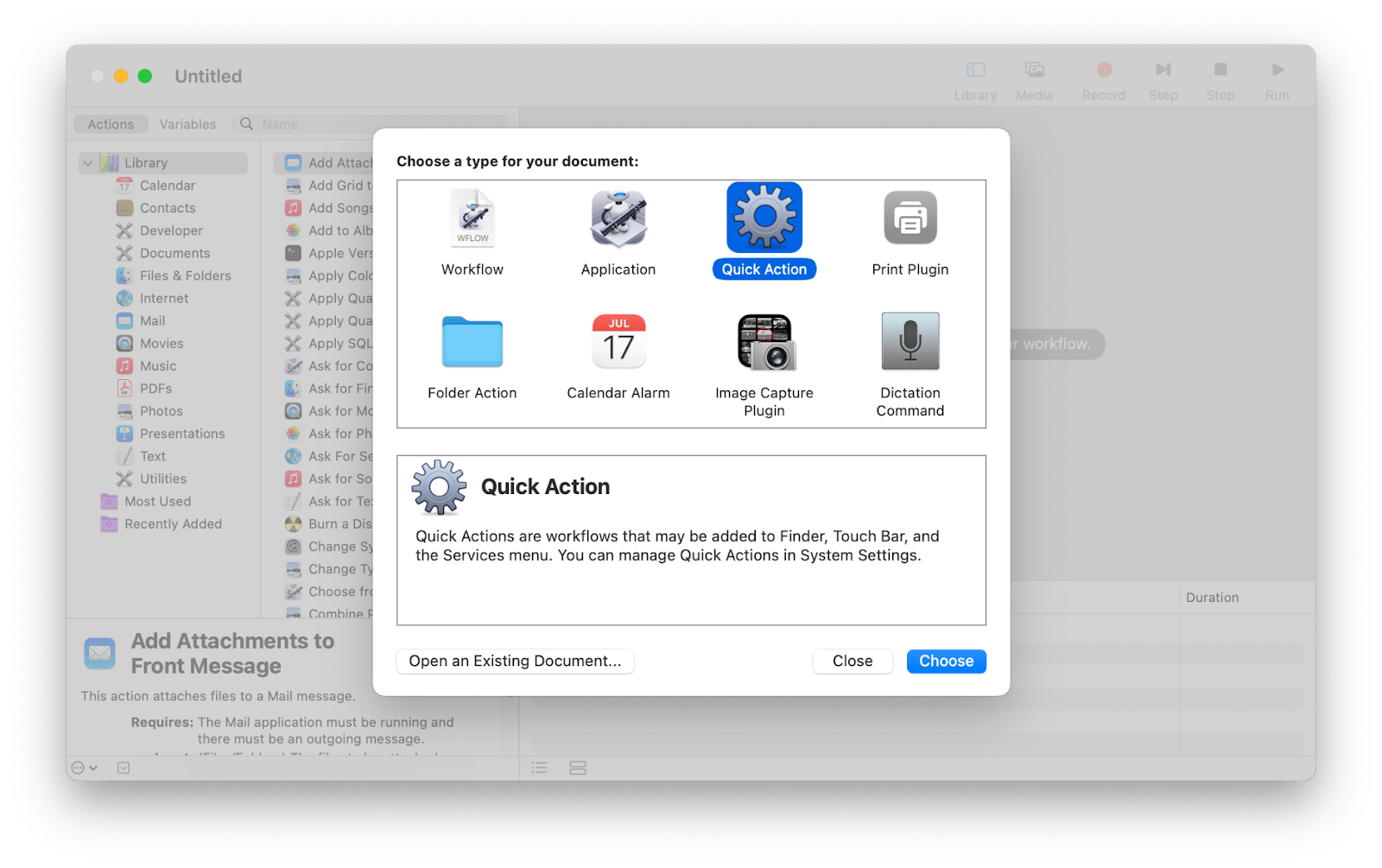 automator choose quick action