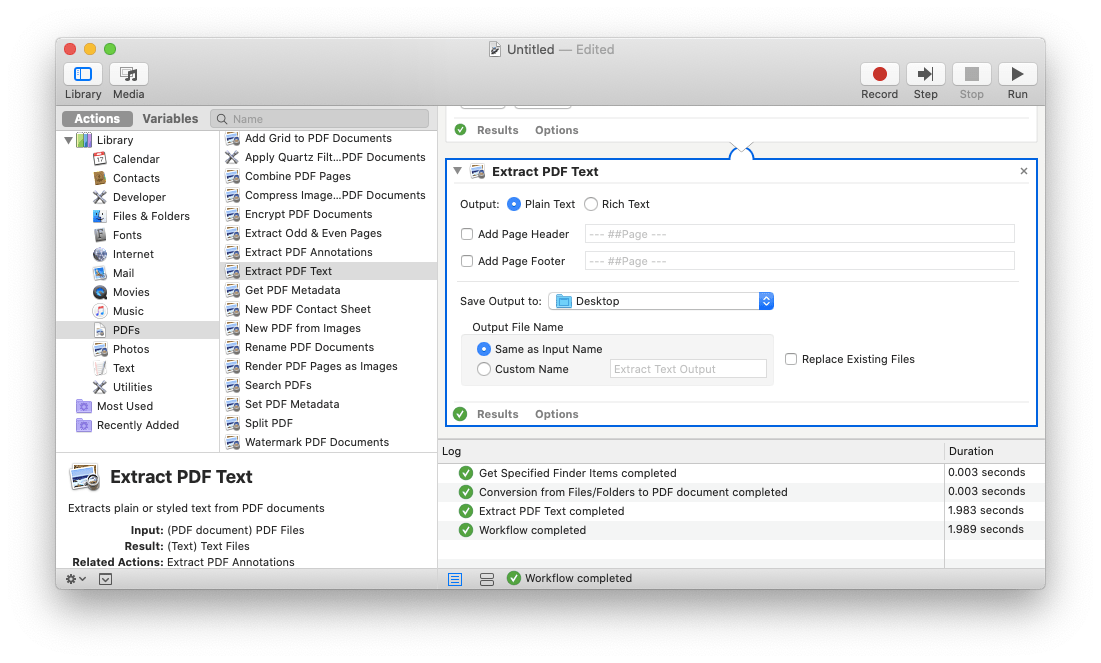 Automator extract text PDF Mac