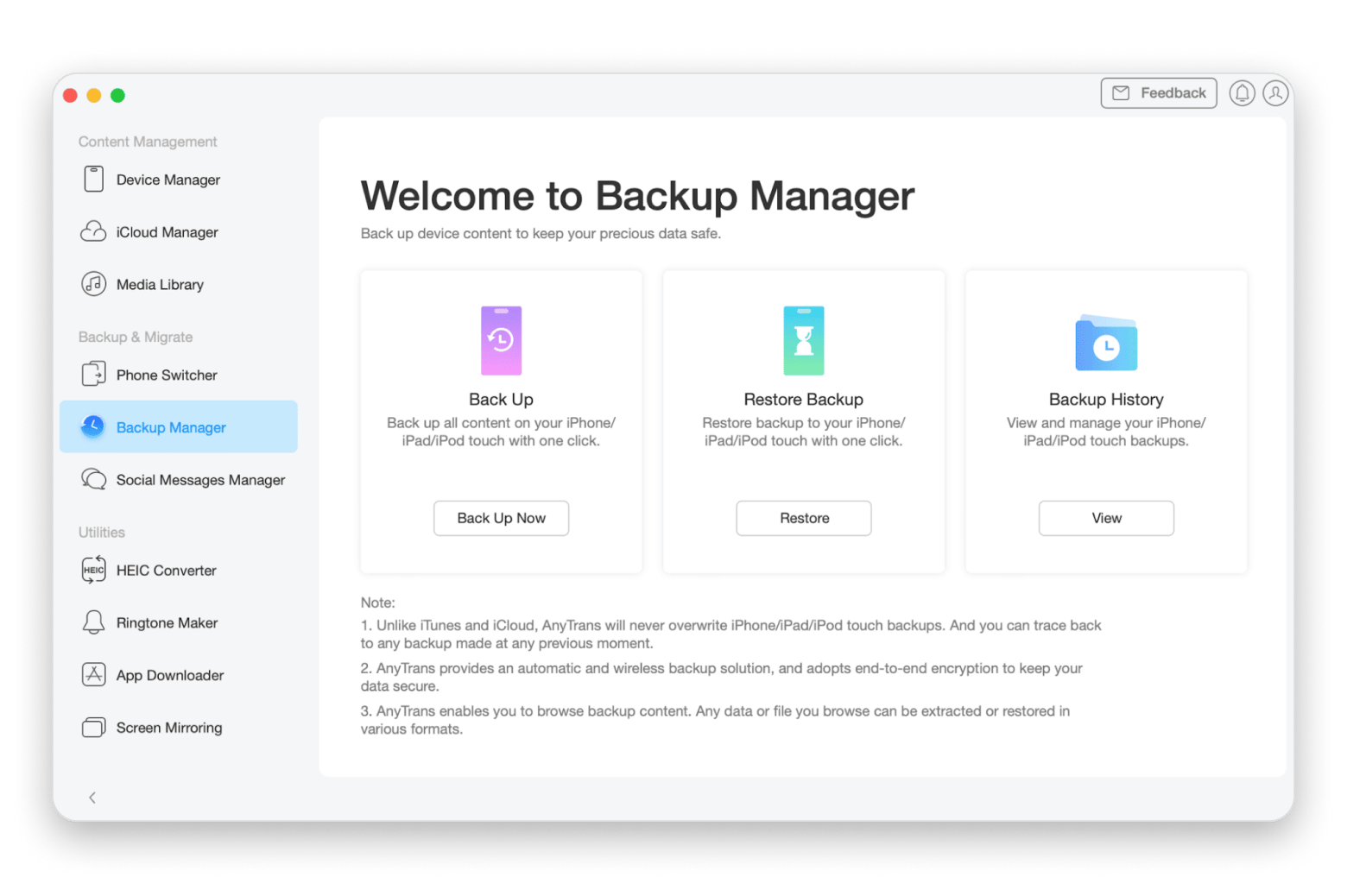 Gerenciador de backup do iPhone no AnyTrans for iOS, app disponível no Setapp para mover arquivos entre macOS e iOS Gerenciador de backup do iPhone no AnyTrans for iOS, app disponível no Setapp para mover arquivos entre macOS e iOS