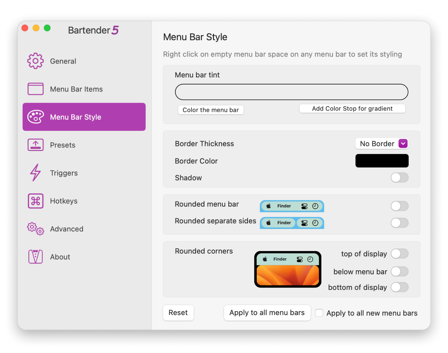 The Menu Bar Style tab on Bartender, a menu bar managing app that is available on Setapp. The Menu Bar Style tab on Bartender, a menu bar managing app that is available on Setapp.
