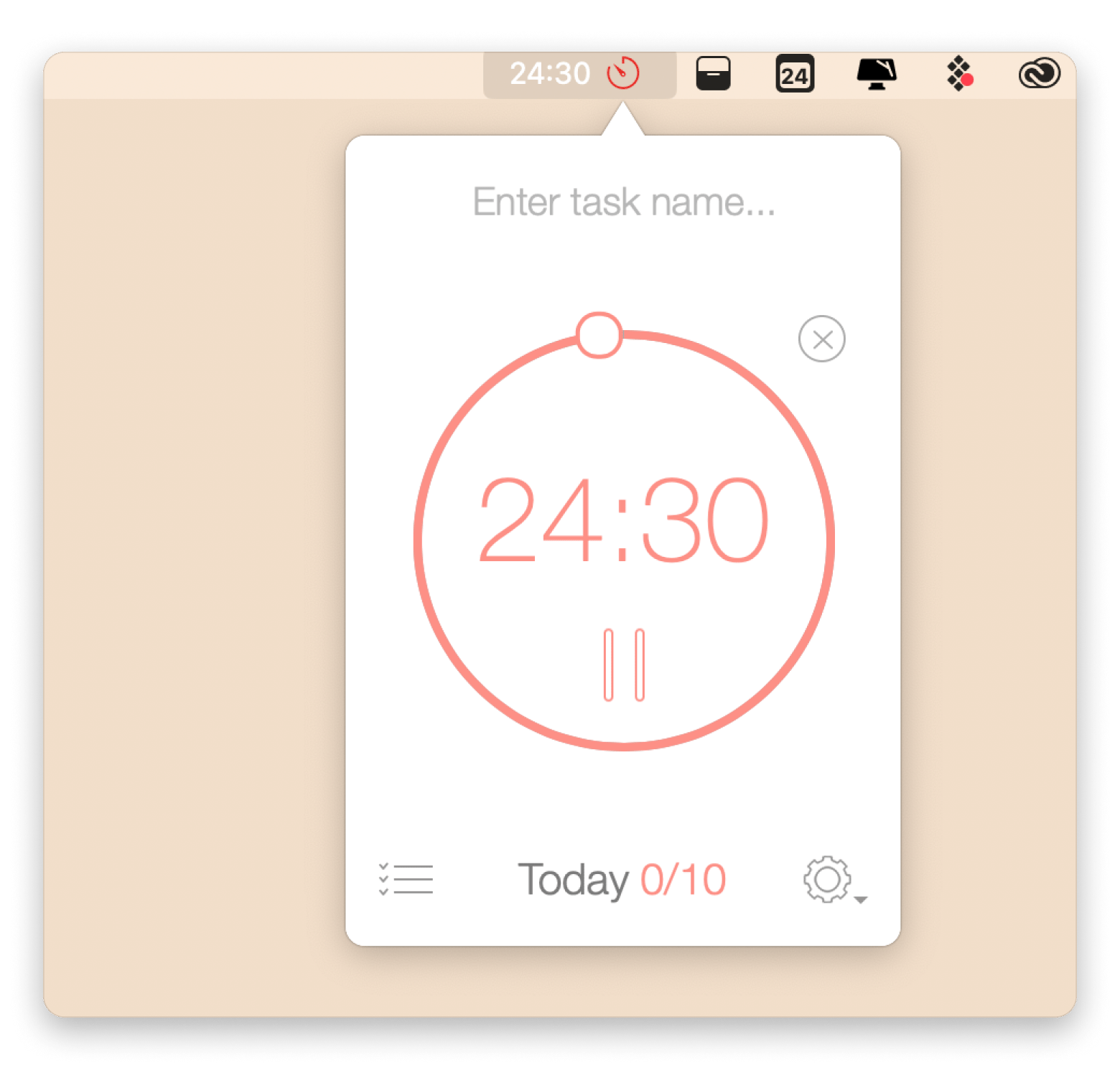 The menu bar interface of Be Focused, a time-tracking app that is available on Setapp