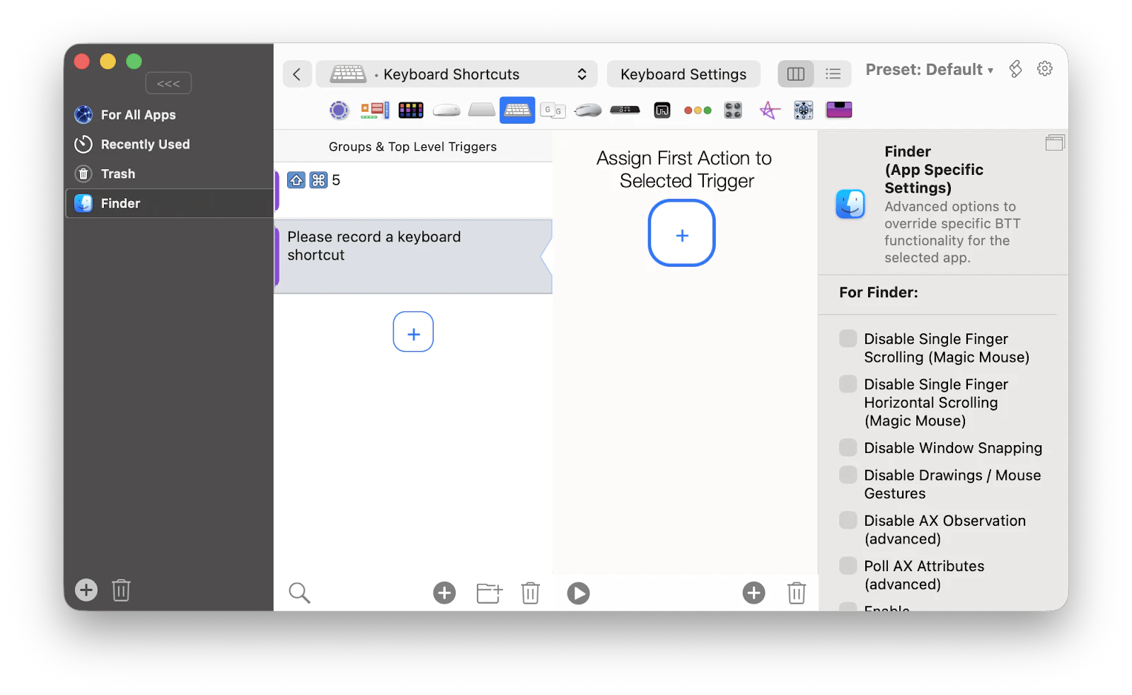 The keyboard shortcut creation in BetterTouchTool, a custom action customization app that is available on Setapp. The keyboard shortcut creation in BetterTouchTool, a custom action customization app that is available on Setapp.