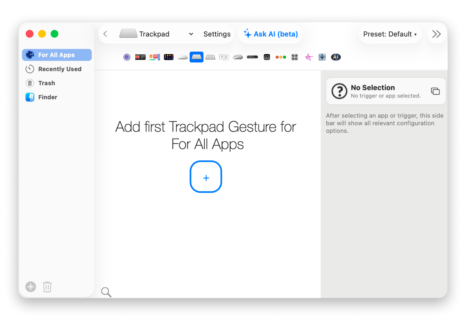 The trackpad gesture setup screen in BetterTouchTool, an input customization app available on Setapp