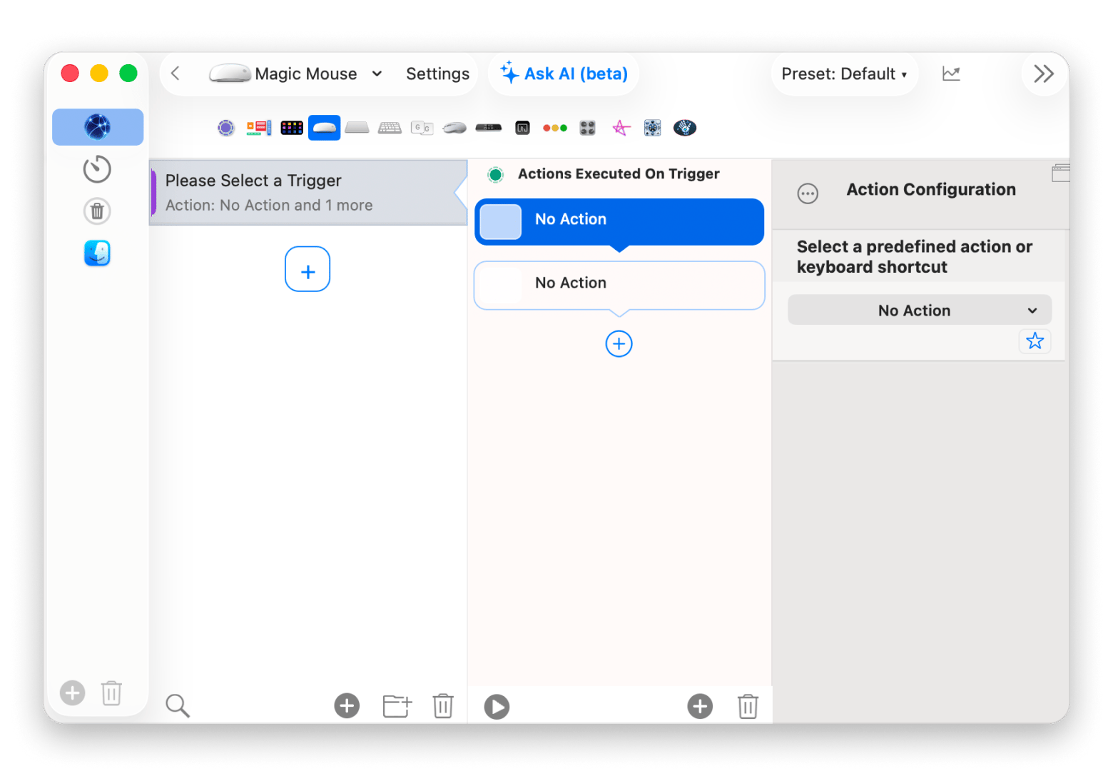 Interface do BetterTouchTool mostrando a configuração de um gesto de trackpad personalizado no Mac, disponível no Setapp