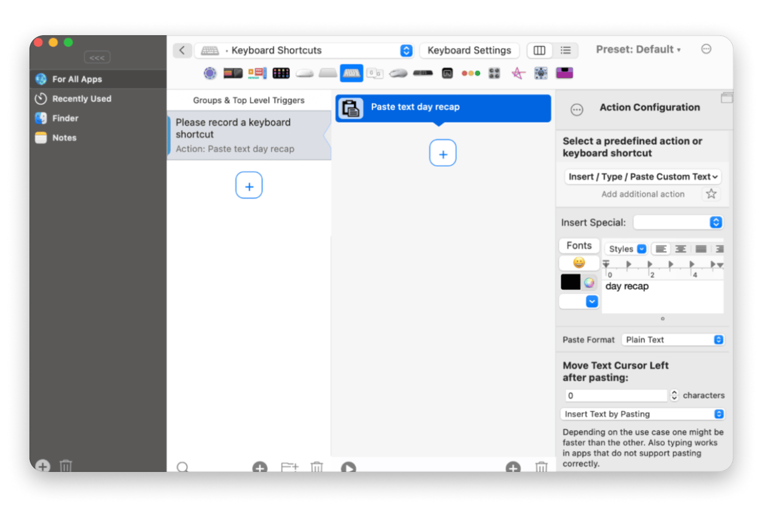 Interface de BetterTouchTool montrant la configuration d'un geste trackpad personnalisé pour une app spécifique sur Mac, disponible sur Setapp