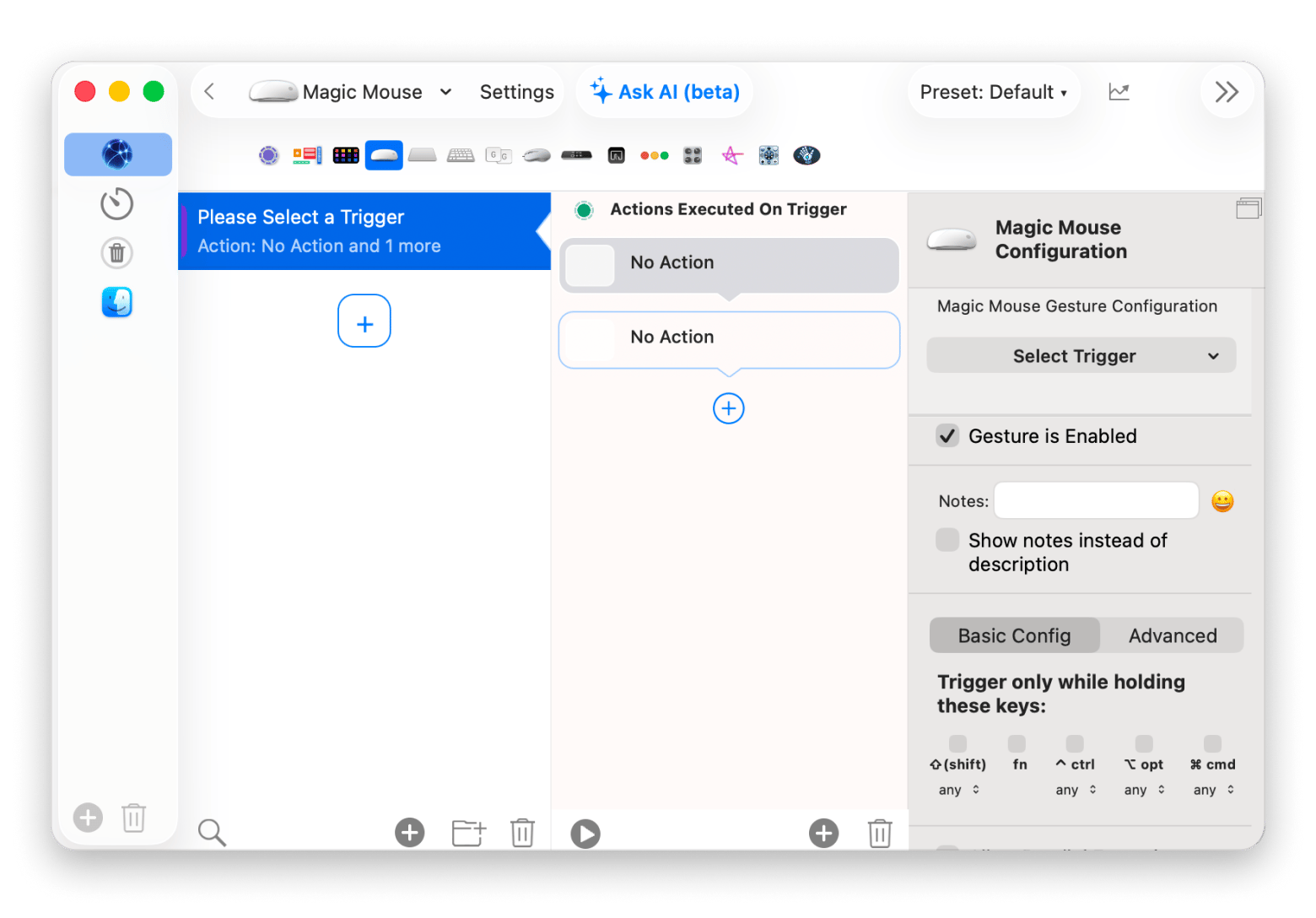 The gesture setup panel in BetterTouchTool on Mac, available on Setapp.