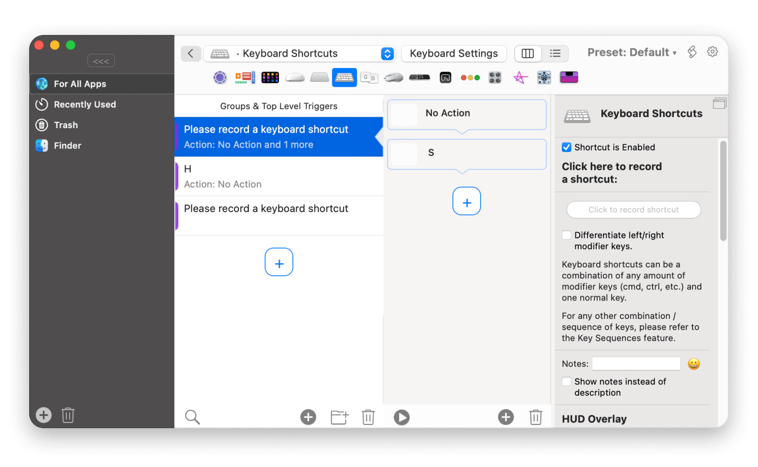 The interface of BetterTouchTool, a gesture customizing app that is available on Setapp