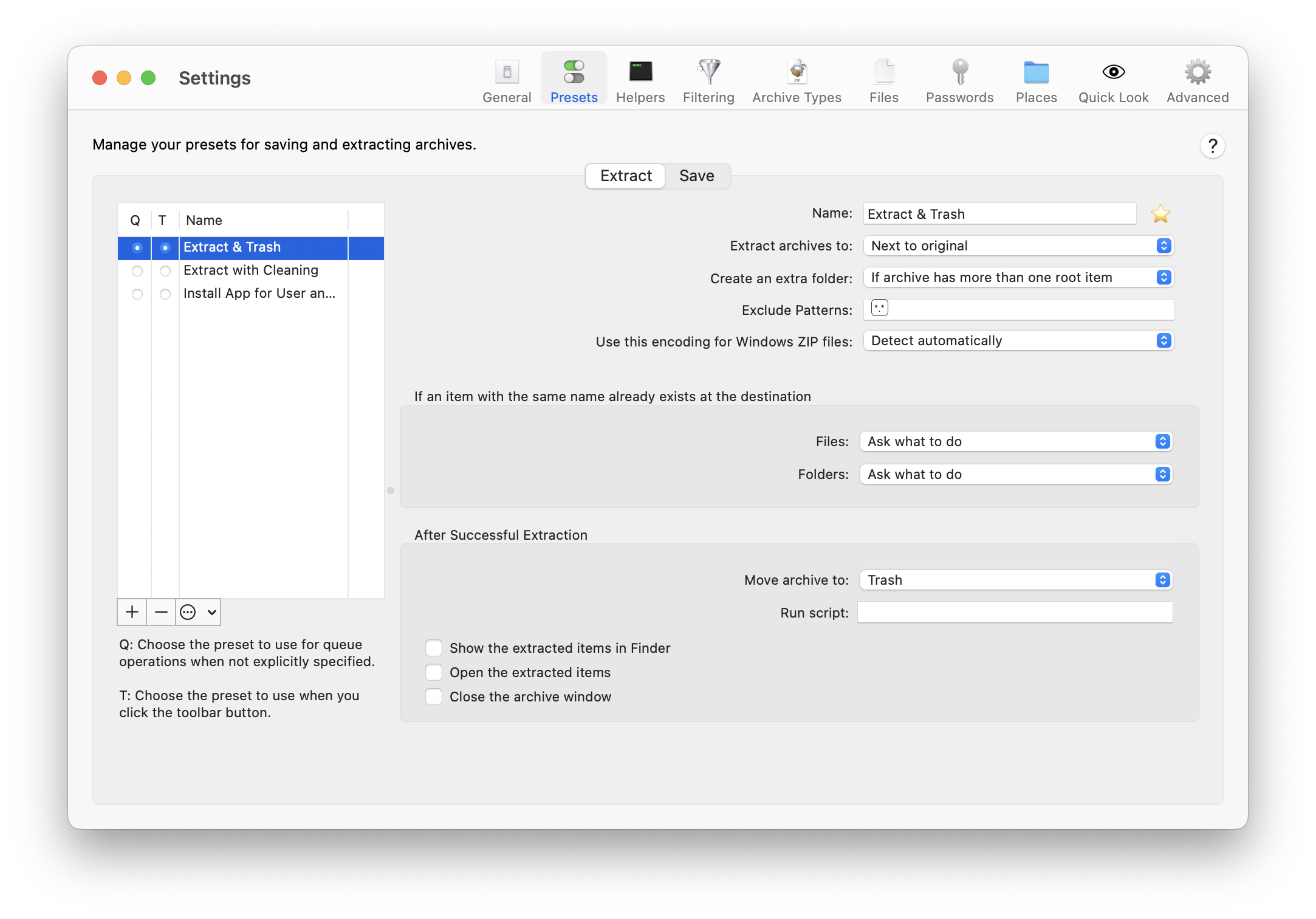 BetterZIP settings for presets