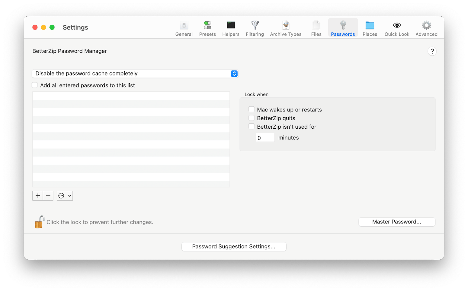 betterzip setting master password