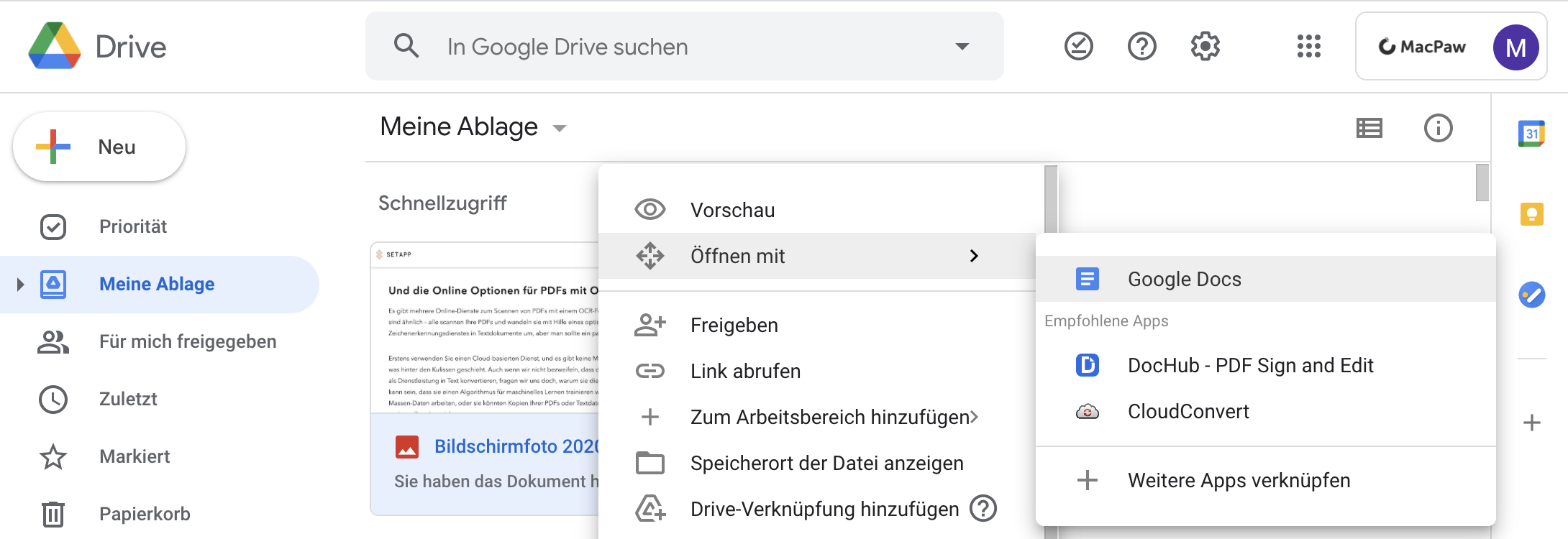 Einen Screenshot auf Google Drive hochladen