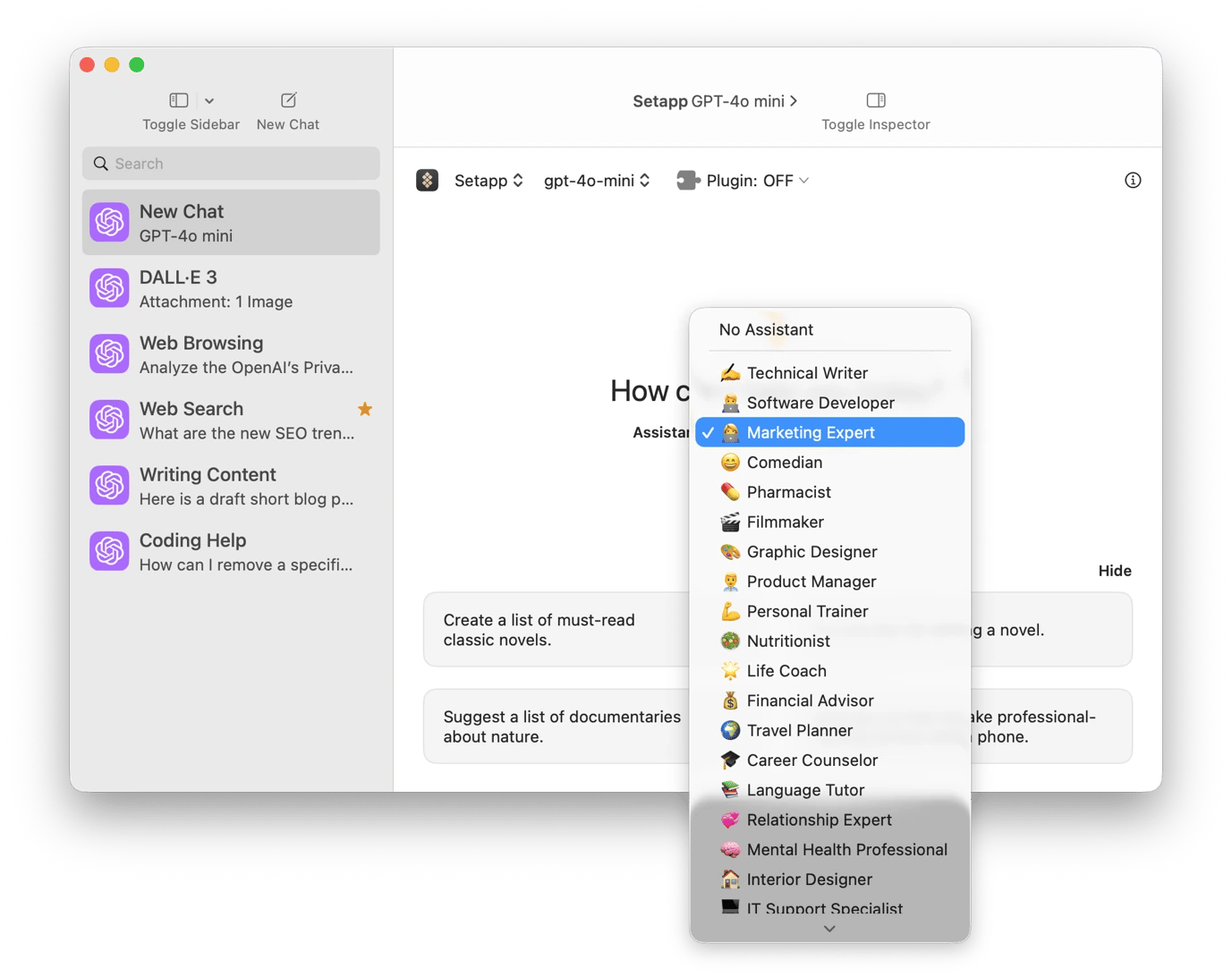 Starting a marketing chat on BoltAI, an AI writing tool available on Setapp