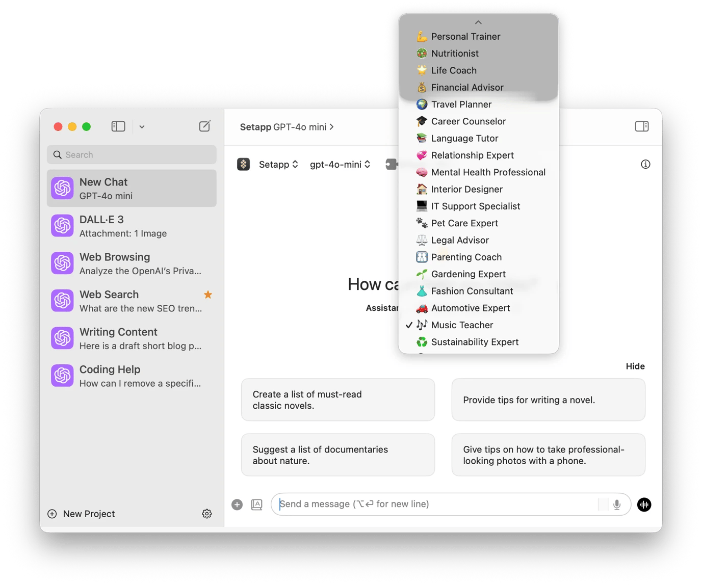 Choosing a persona on BoltAI, an AI tool available on Setapp