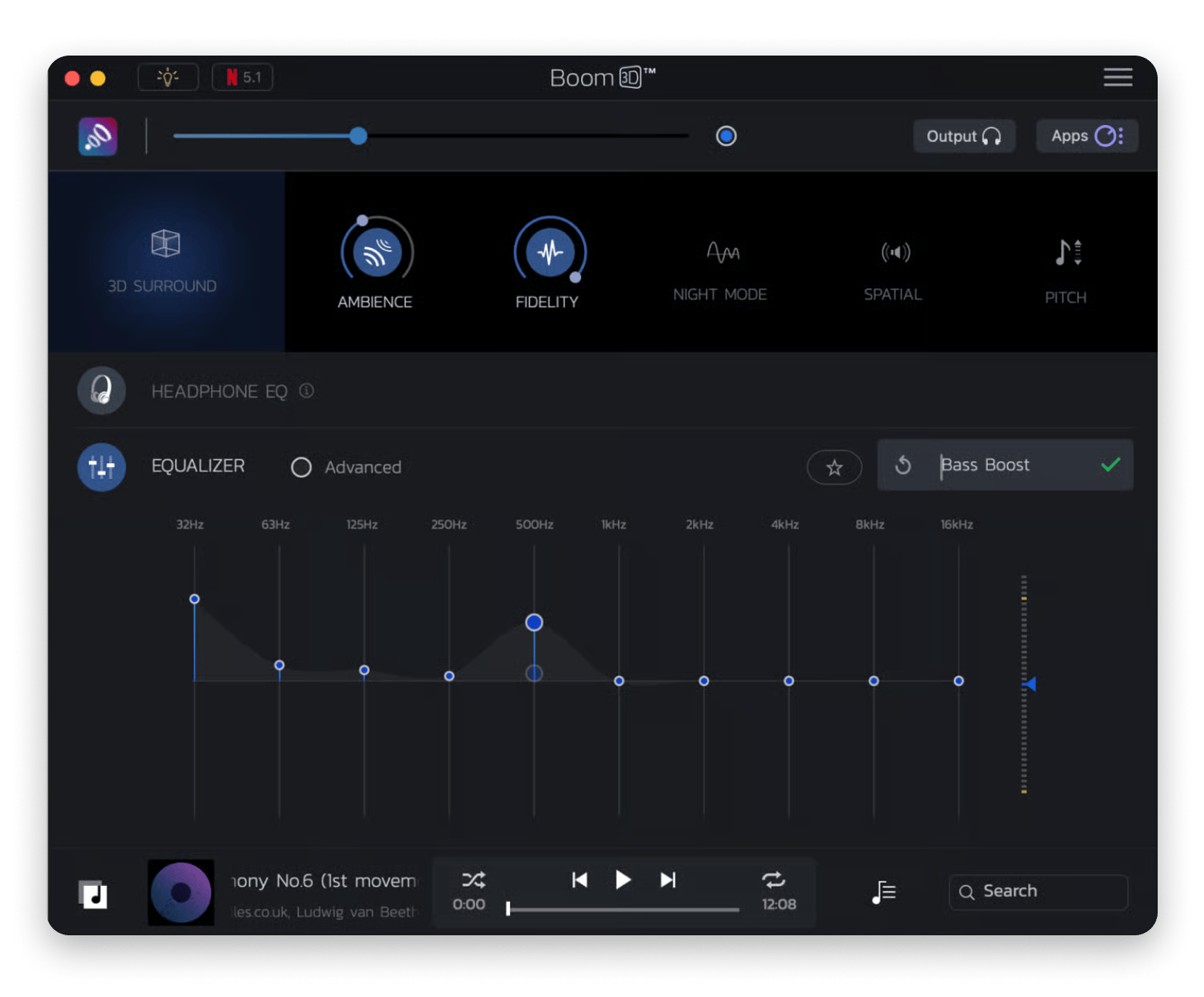 The interface of Boom 3D, an audio booster and equalizer app available on Setapp