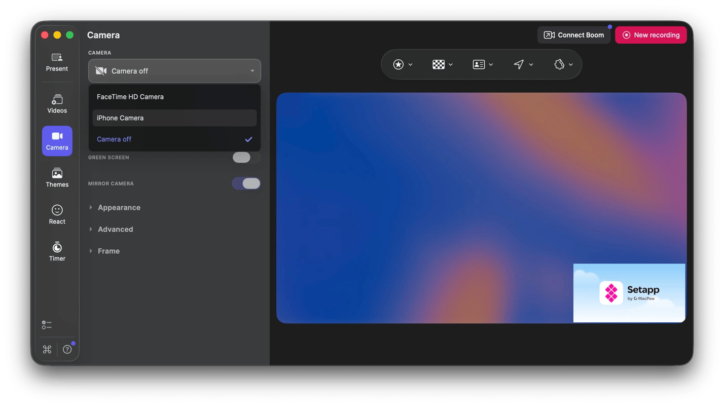 Recording a video with camera backgrounds and overlays using Boom, a webcam and presentation enhancement app from Setapp