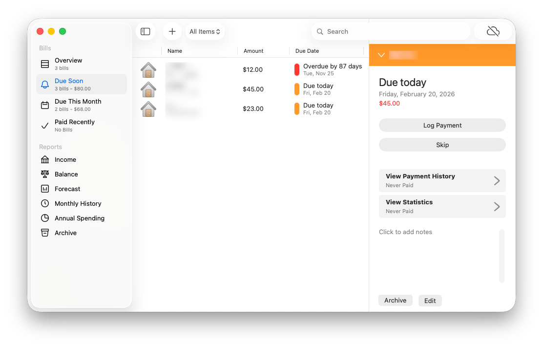 The interface of Chronicle, a Setapp app for tracking subscriptions and bills.