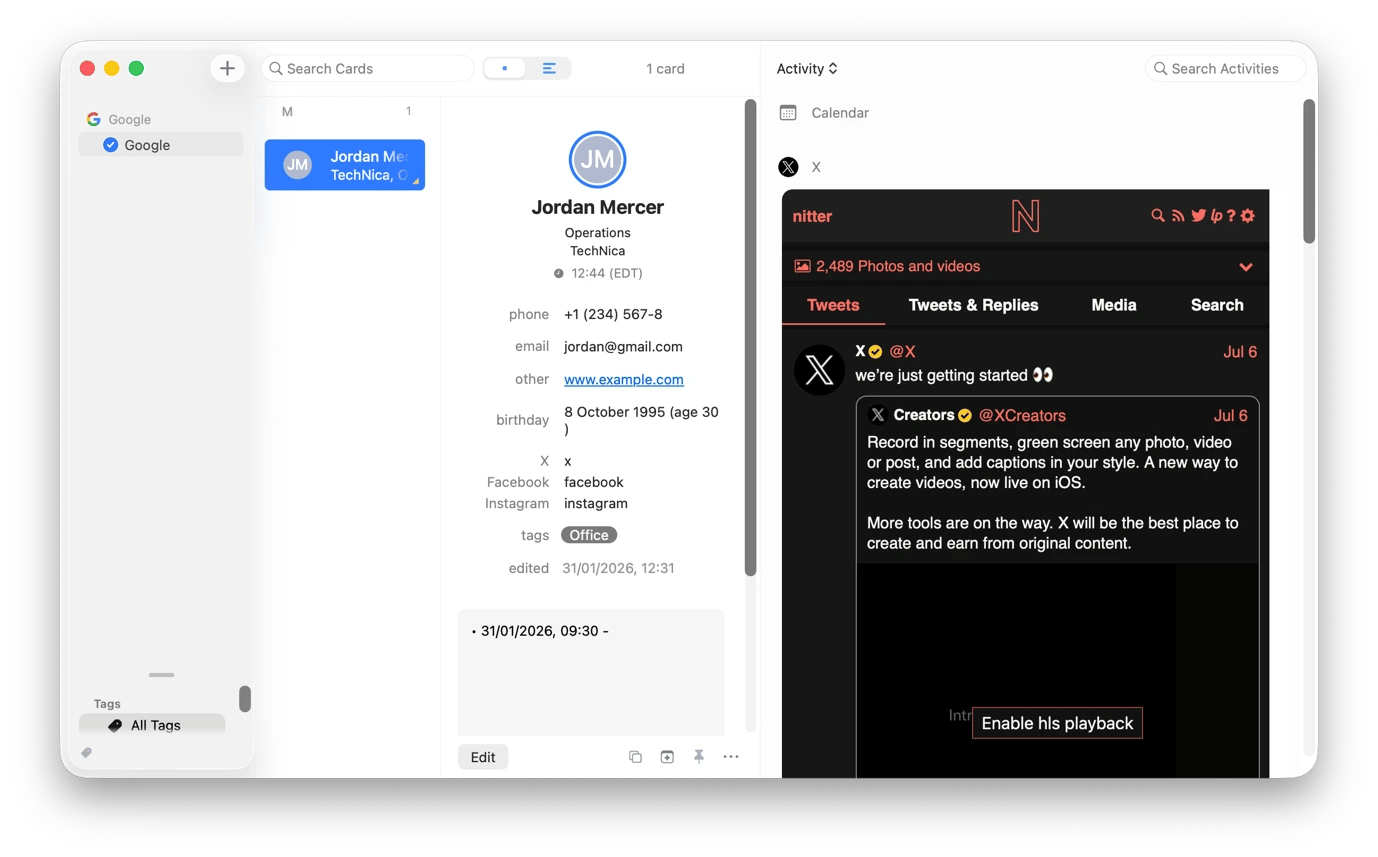 Contact interface on BusyContacts, a contacts management tool available on Setapp