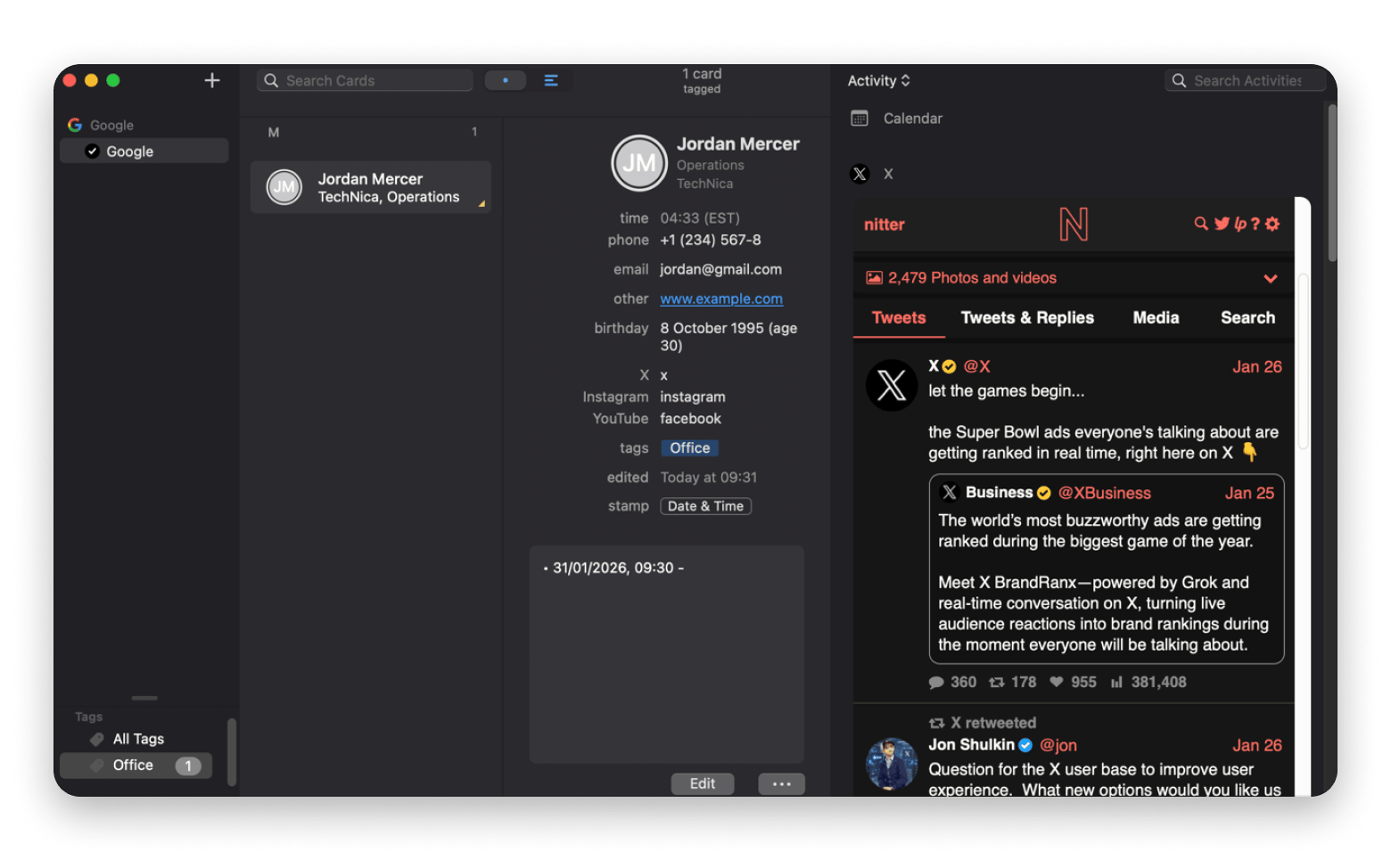 The contact management pane on BusyContacts, an app available on Setapp.