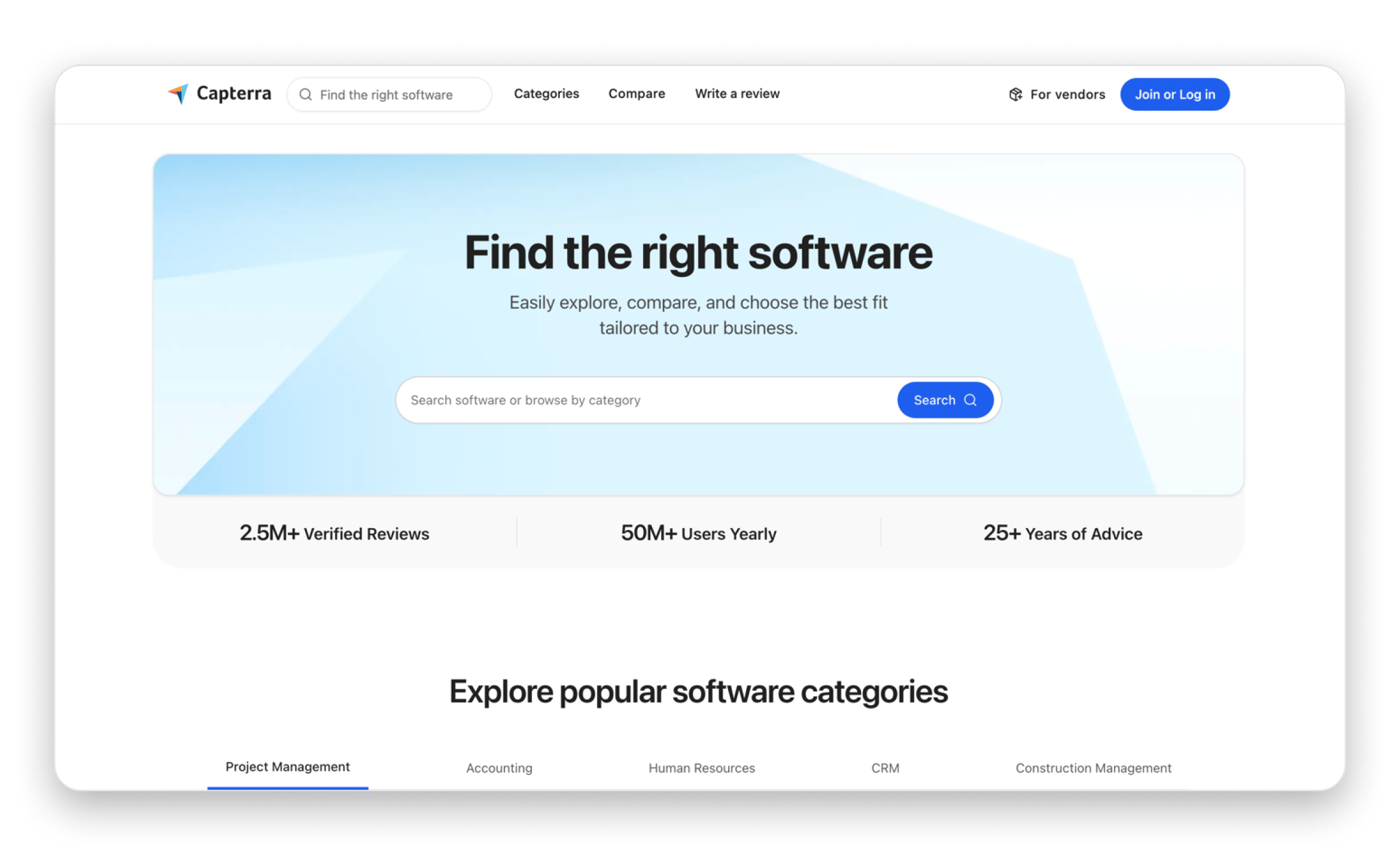 The home page of capterra app review marketplace