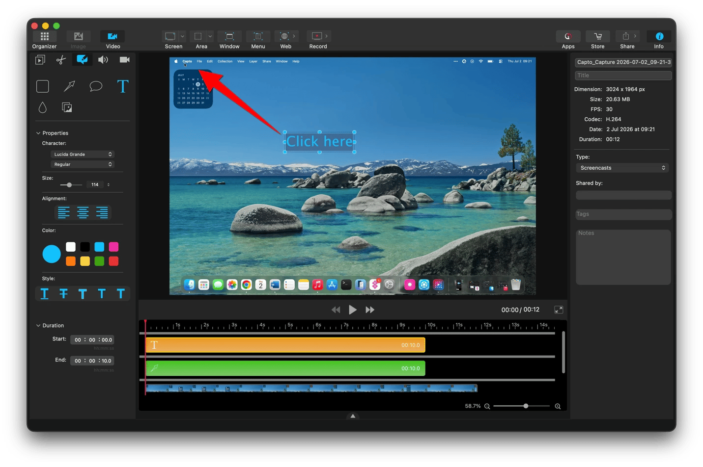 Annotating a screen recording with text overlays using Capto, a screen recording and editing app from Setapp