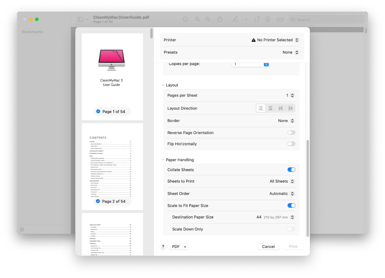 select the page orientation, scale, page size