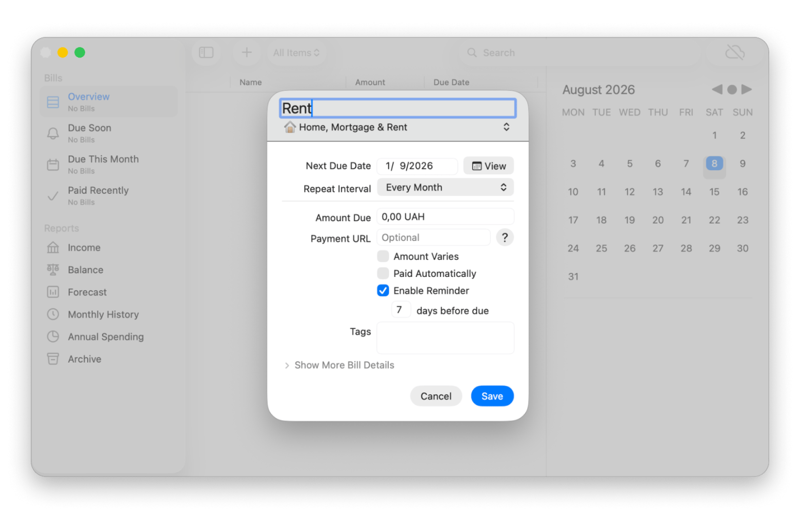 Adding a new bill in Chronicle, a bill-managing app available on Setapp Adding a new bill in Chronicle, a bill-managing app available on Setapp