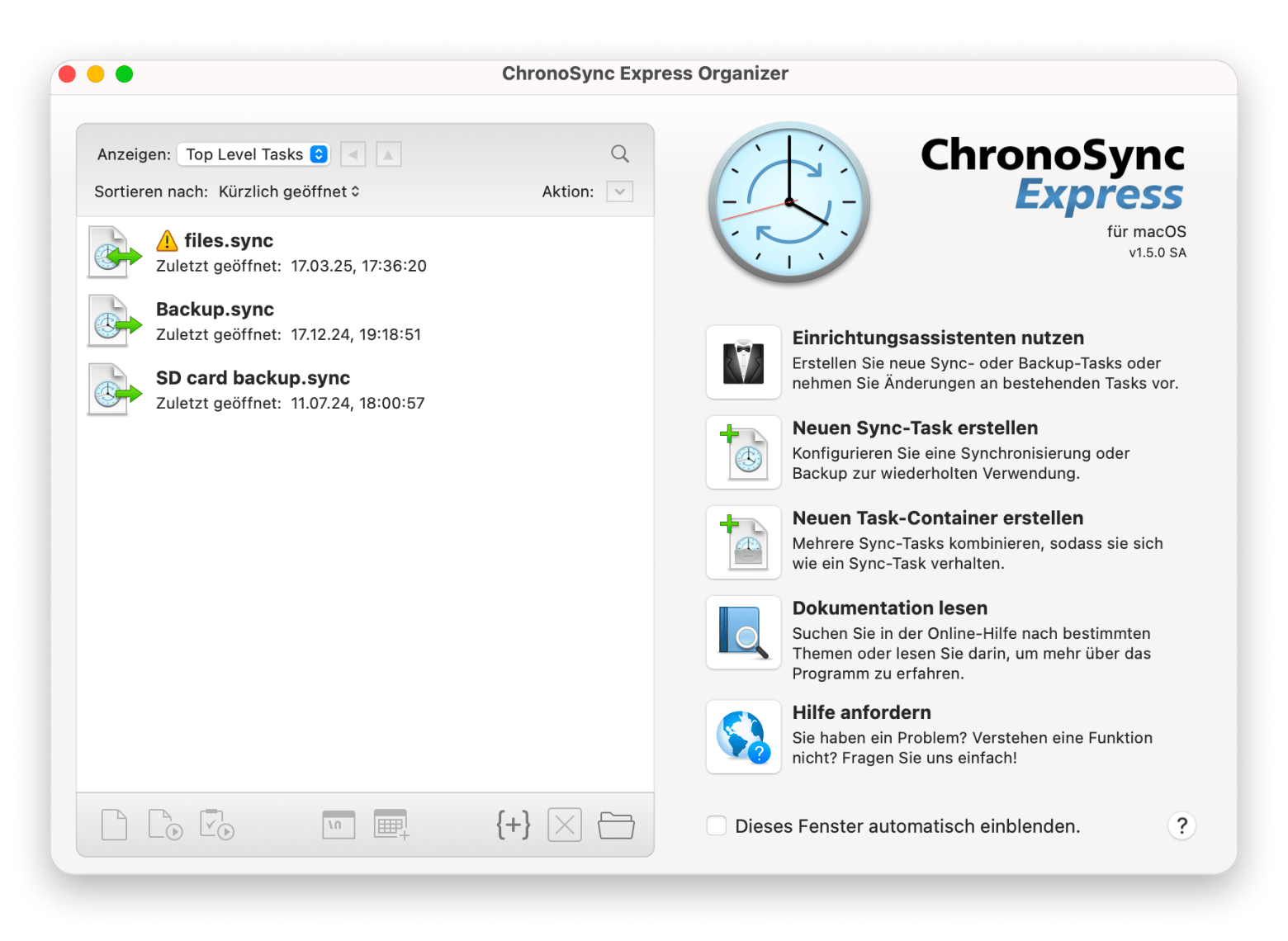 Die Zeitplanansicht von ChronoSync Express, einer Backup- und Synchronisierungs-App, die auf Setapp verfügbar ist