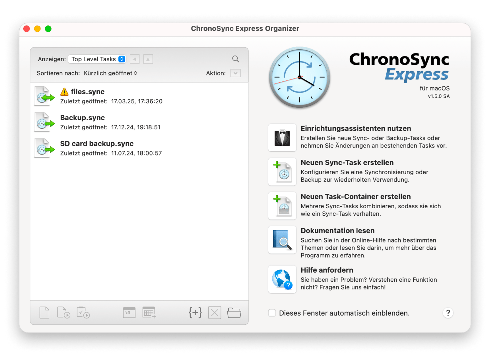 Oberfläche von ChronoSync Express beim Vergleichen zweier Verzeichnisse auf dem Mac, verfügbar in Setapp