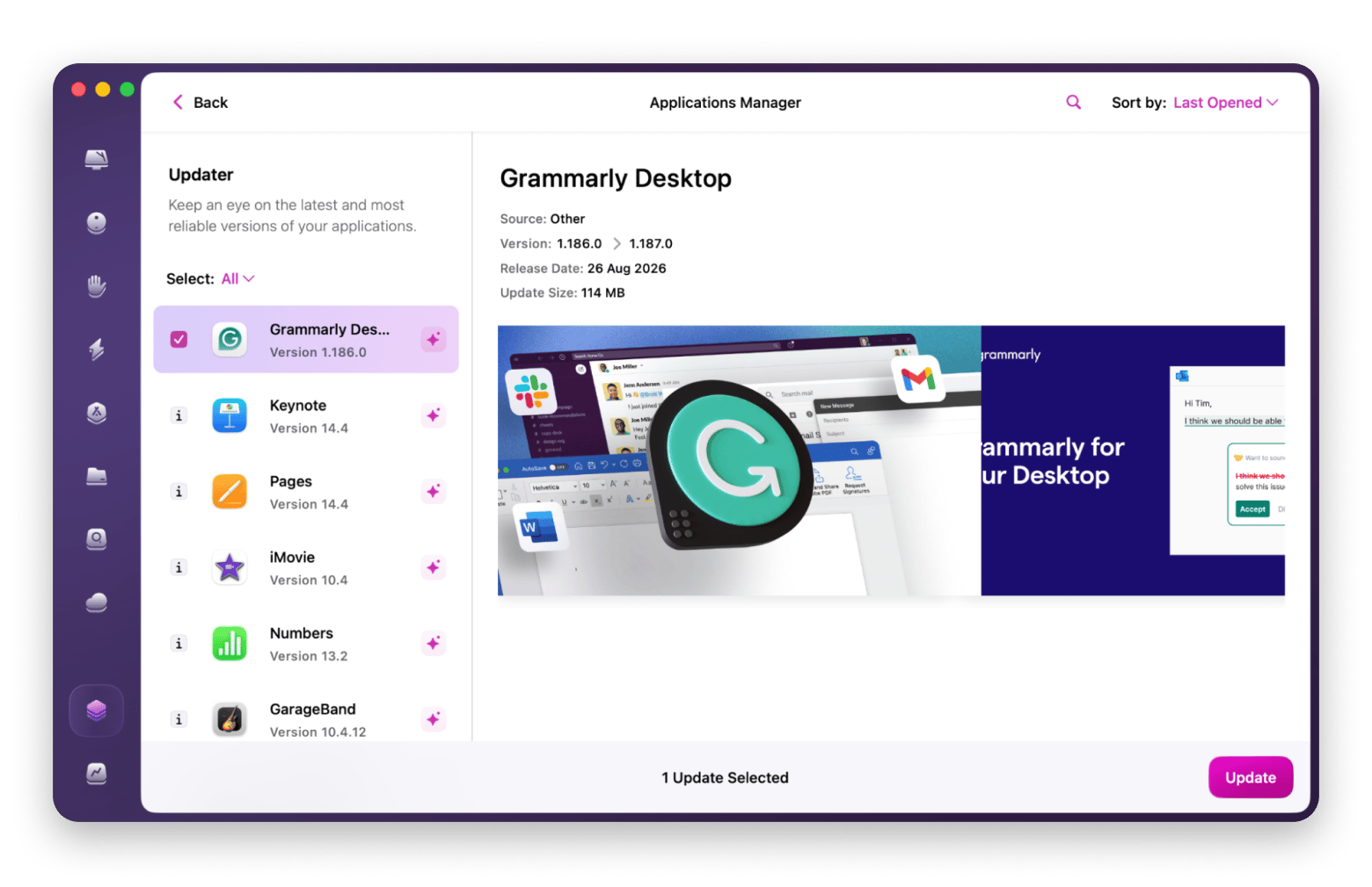 CleanMyMac App Updater showing available updates for Microsoft Office, a Mac maintenance app available on Setapp