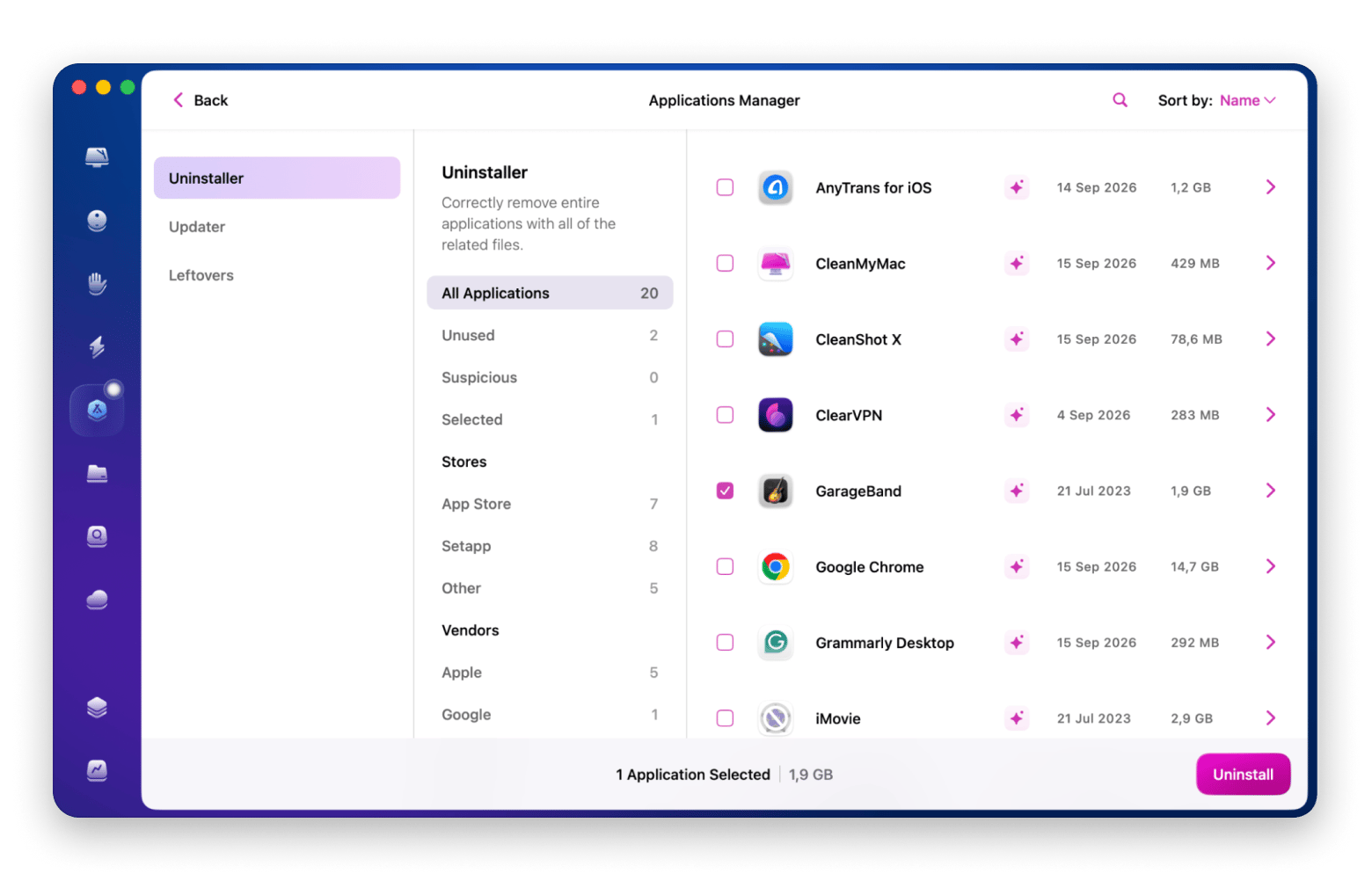 The Uninstaller screen of CleanMyMac, a Mac optimization and security app available on Setapp