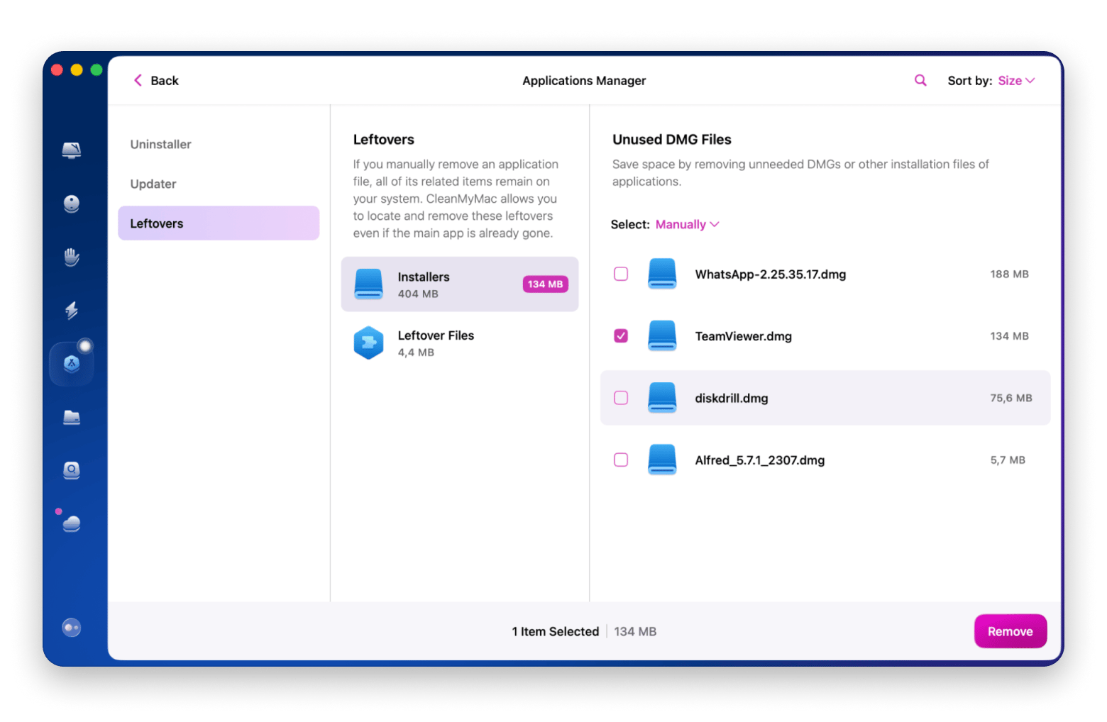 Applications Manager displaying leftover files and unused DMG files for removal in CleanMyMac, a Mac optimization and cleaning app that is available on Setapp Applications Manager displaying leftover files and unused DMG files for removal in CleanMyMac, a Mac optimization and cleaning app that is available on Setapp