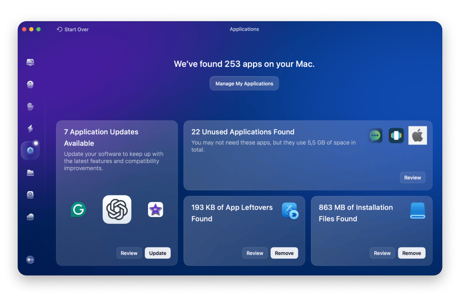 The Applications tab results of CleanMyMac, a Mac optimization app that is available on Setapp