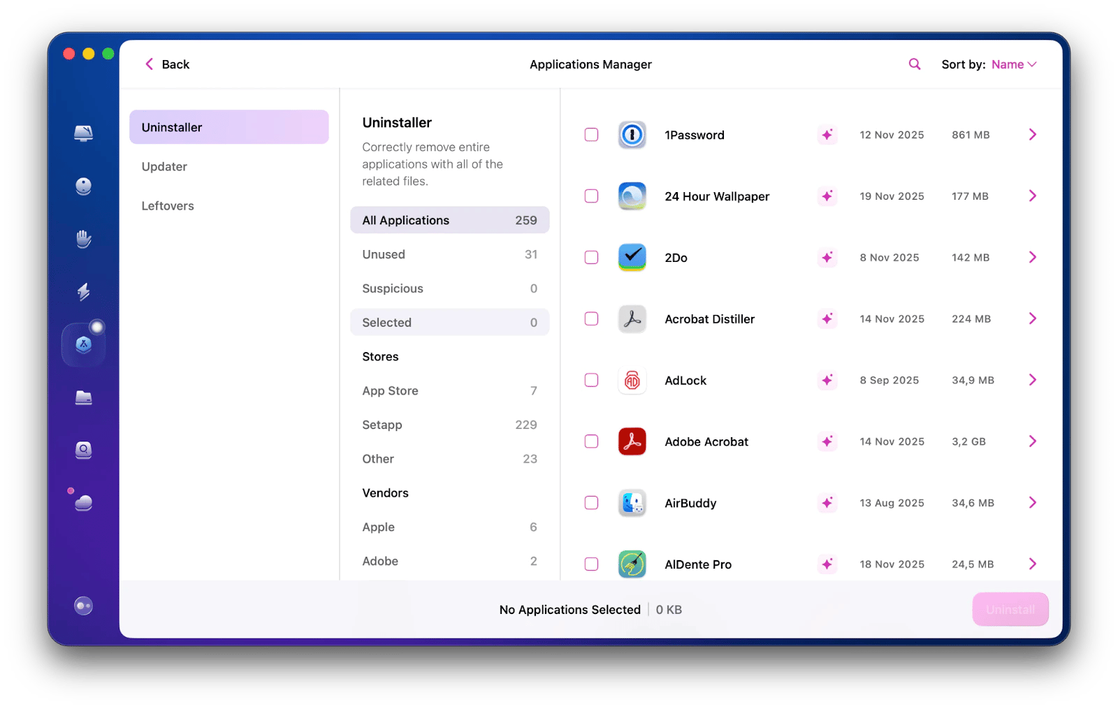 The Applications Manager of CleanMyMac, a Mac optimization app that is available on Setapp.