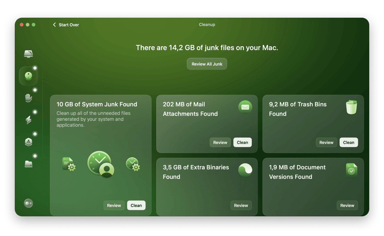 Oberfläche von CleanMyMac beim Bereinigungsscan für Systemmüll auf dem Mac, verfügbar in Setapp