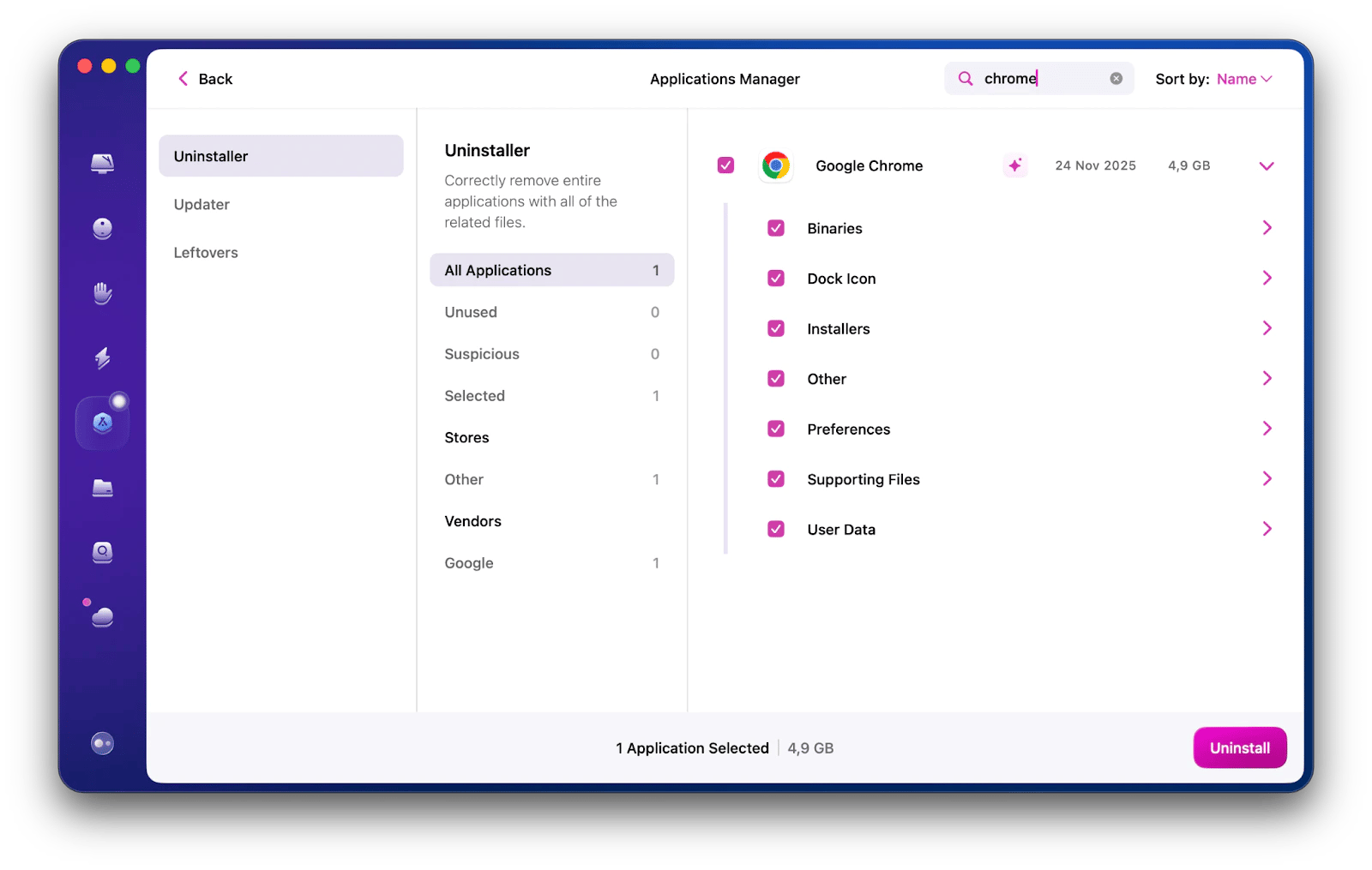 The Applications Manager tab of CleanMyMac, a Mac optimization app that is available on Setapp.