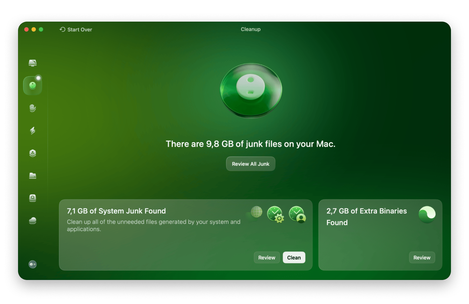 The Cleanup feature scan results of CleanMyMac, a Mac optimization app that is available on Setapp