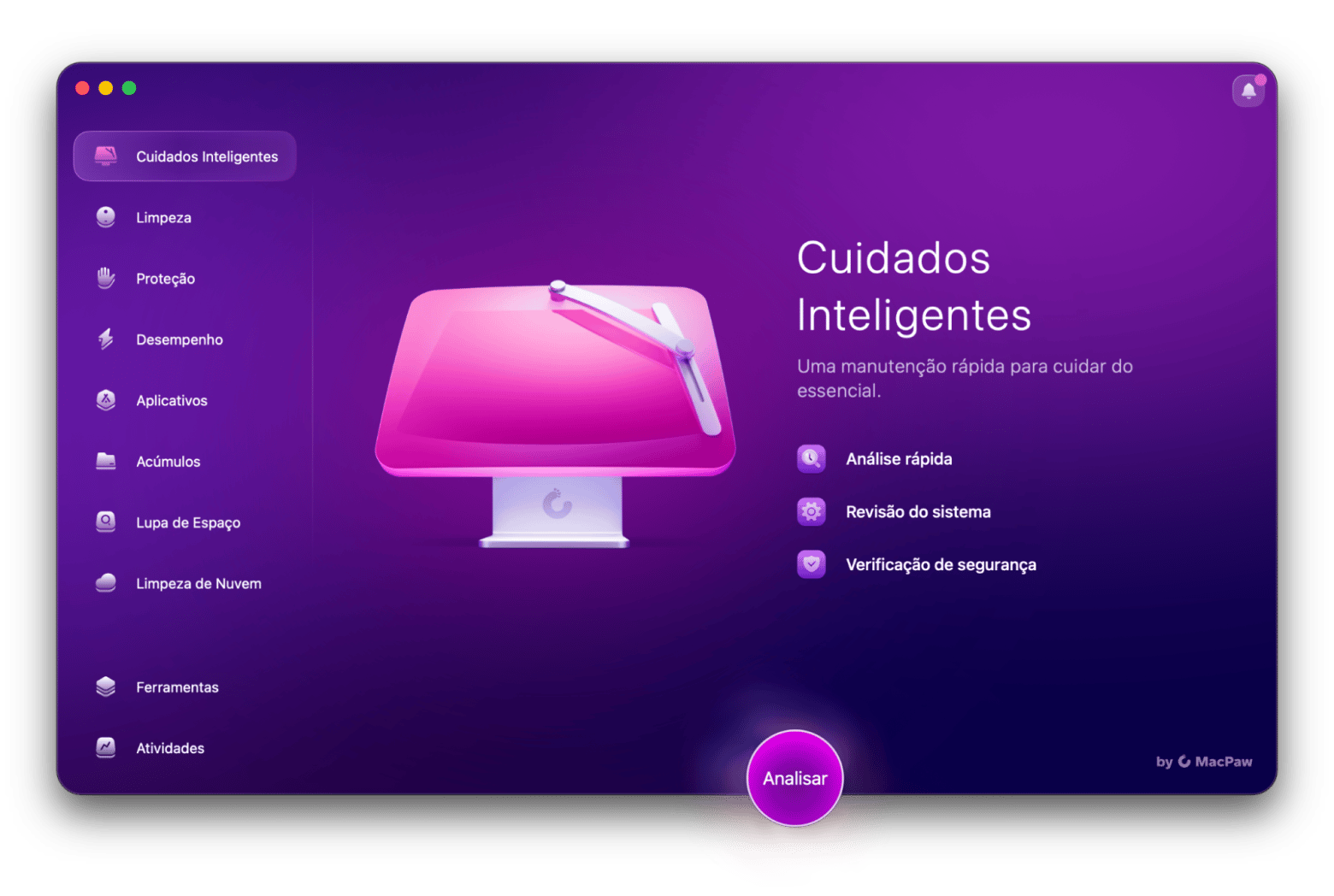 Interface do CleanMyMac executando uma varredura dos Cuidados Inteligentes, disponível no Setapp