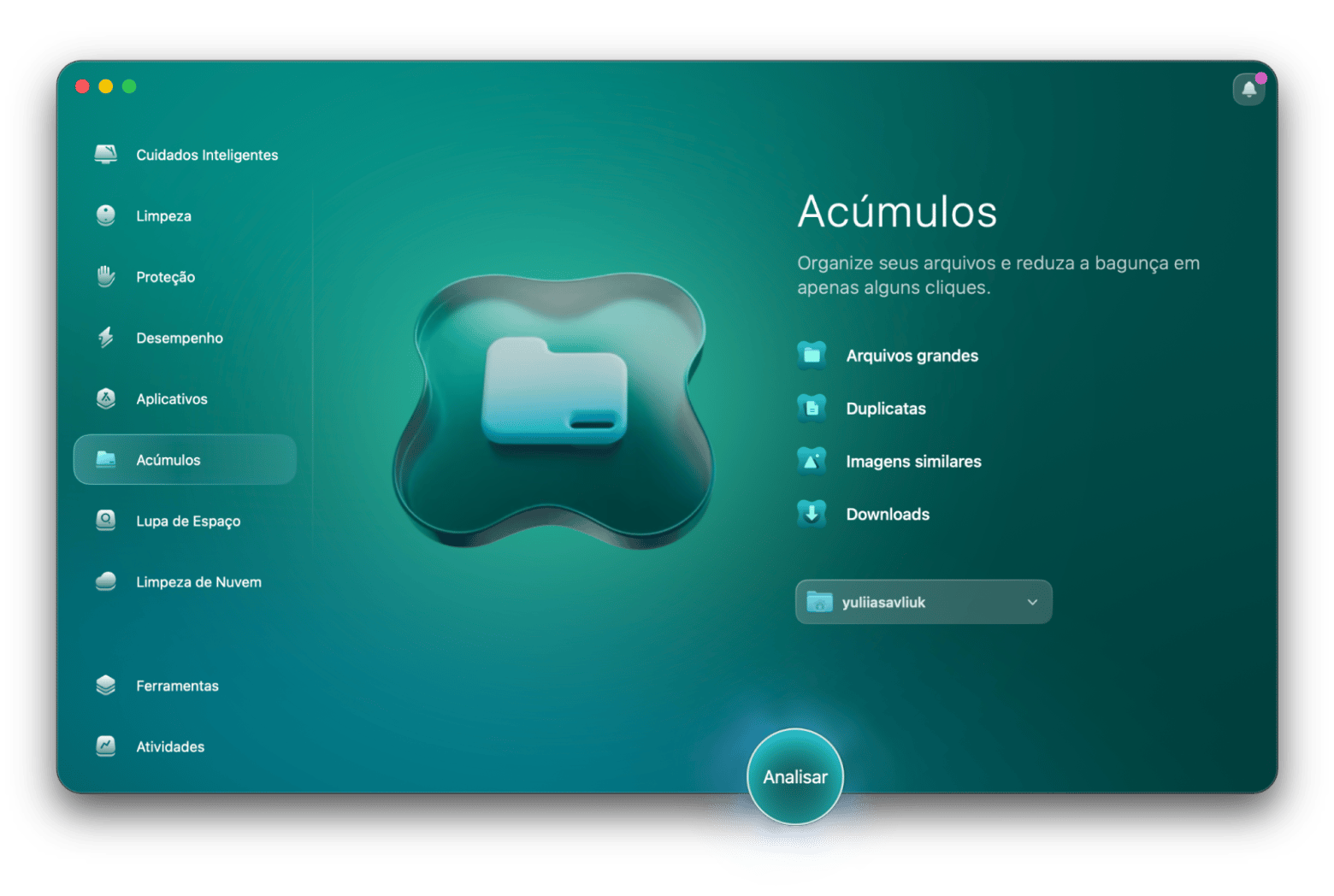 Interface do CleanMyMac com as ferramentas Limpeza e Acúmulos detectando capturas duplicadas, disponível no Setapp