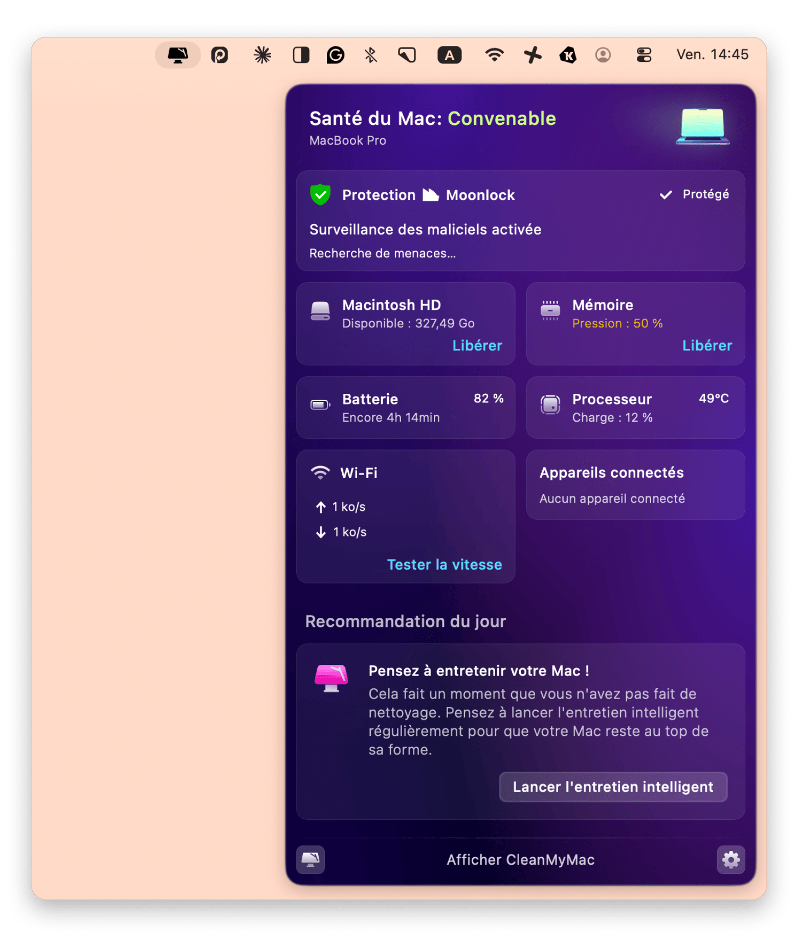 CleanMyMac avec le module Maintenance identifiant des erreurs de disque sur Mac, disponible sur Setapp