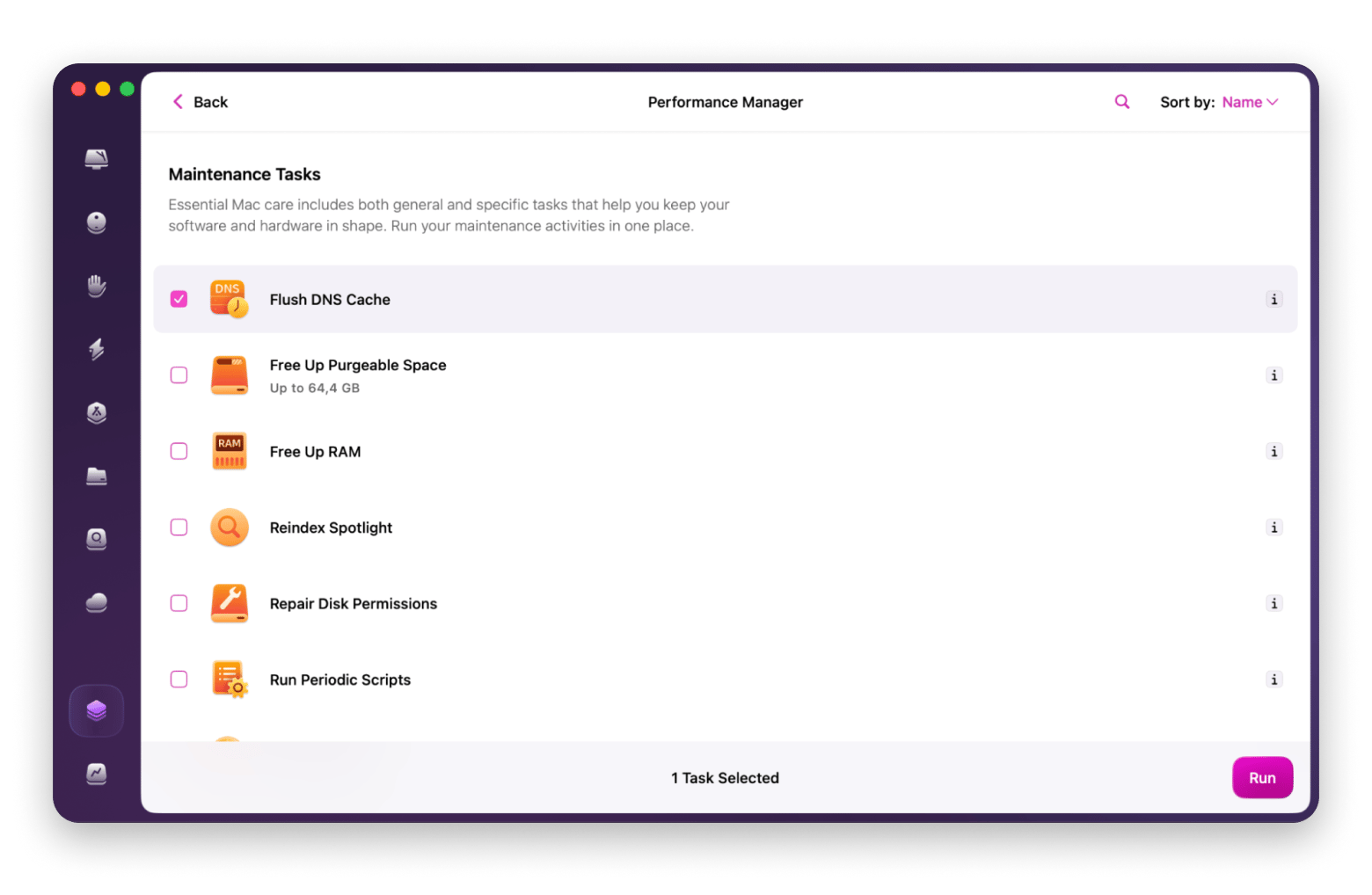 The Maintenance Tasks panel in CleanMyMac, a Mac optimization app available on Setapp